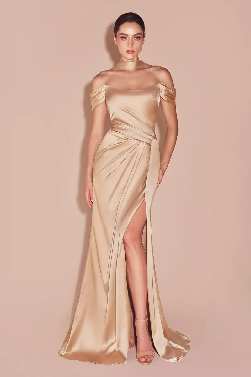 OFF THE SHOULDER LACE UP CORSET SATIN GOWN CD7452