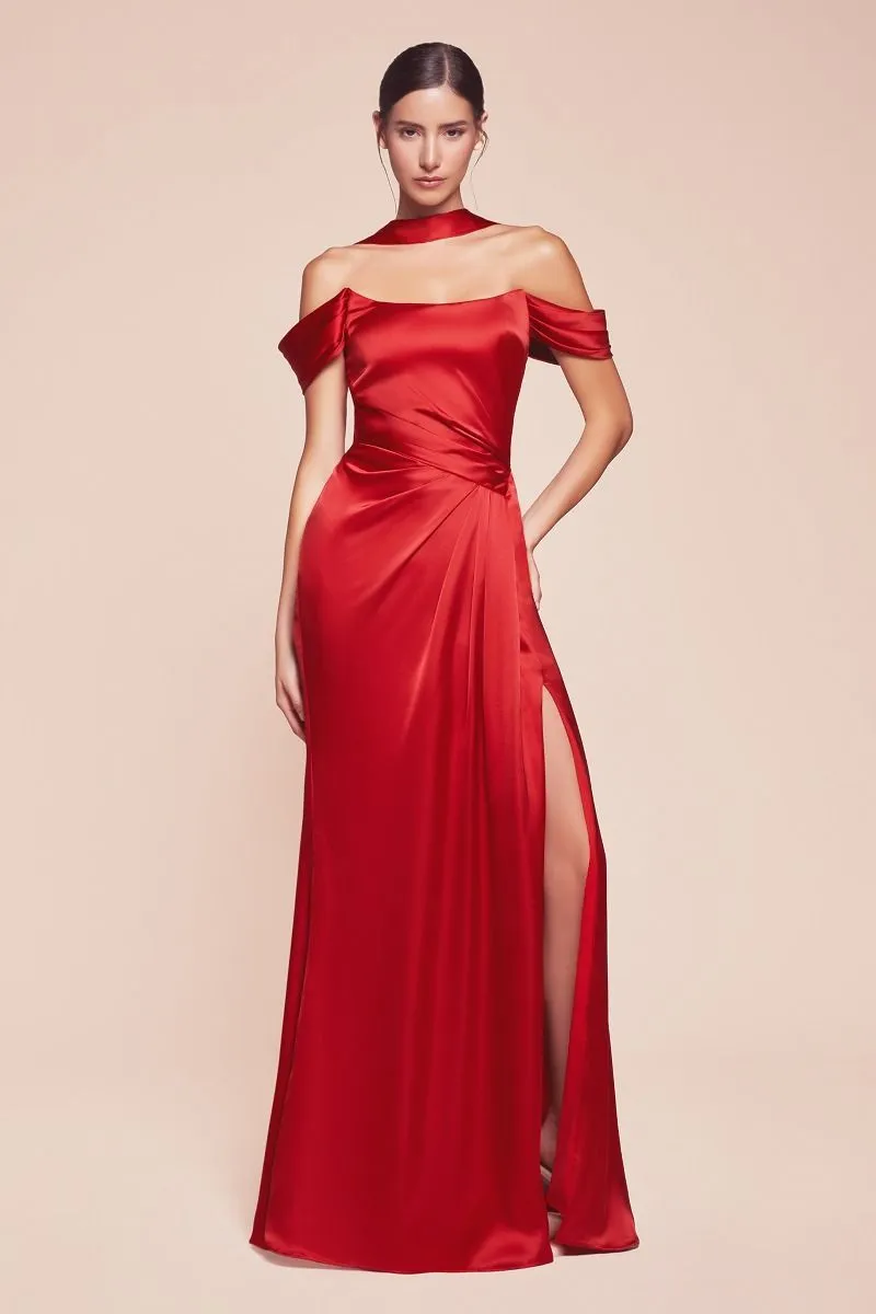 OFF THE SHOULDER LACE UP CORSET SATIN GOWN CD7452