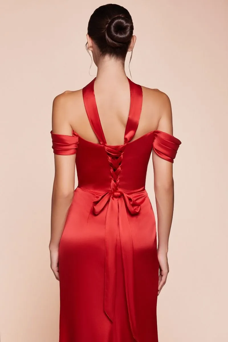 OFF THE SHOULDER LACE UP CORSET SATIN GOWN CD7452