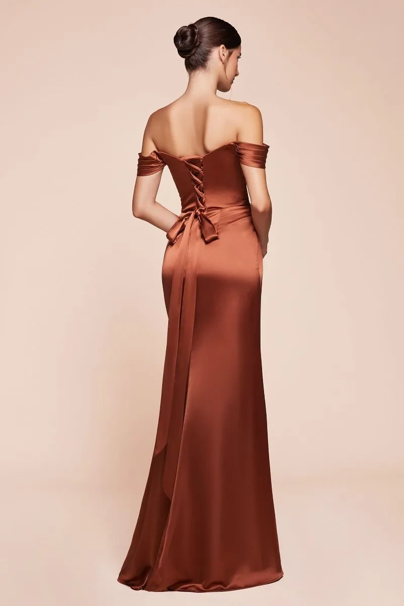 OFF THE SHOULDER LACE UP CORSET SATIN GOWN CD7452