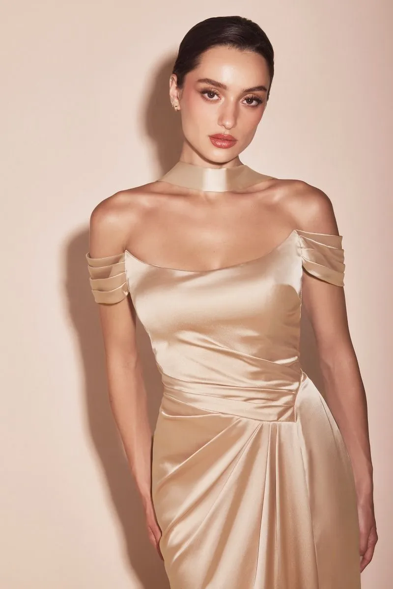 OFF THE SHOULDER LACE UP CORSET SATIN GOWN CD7452