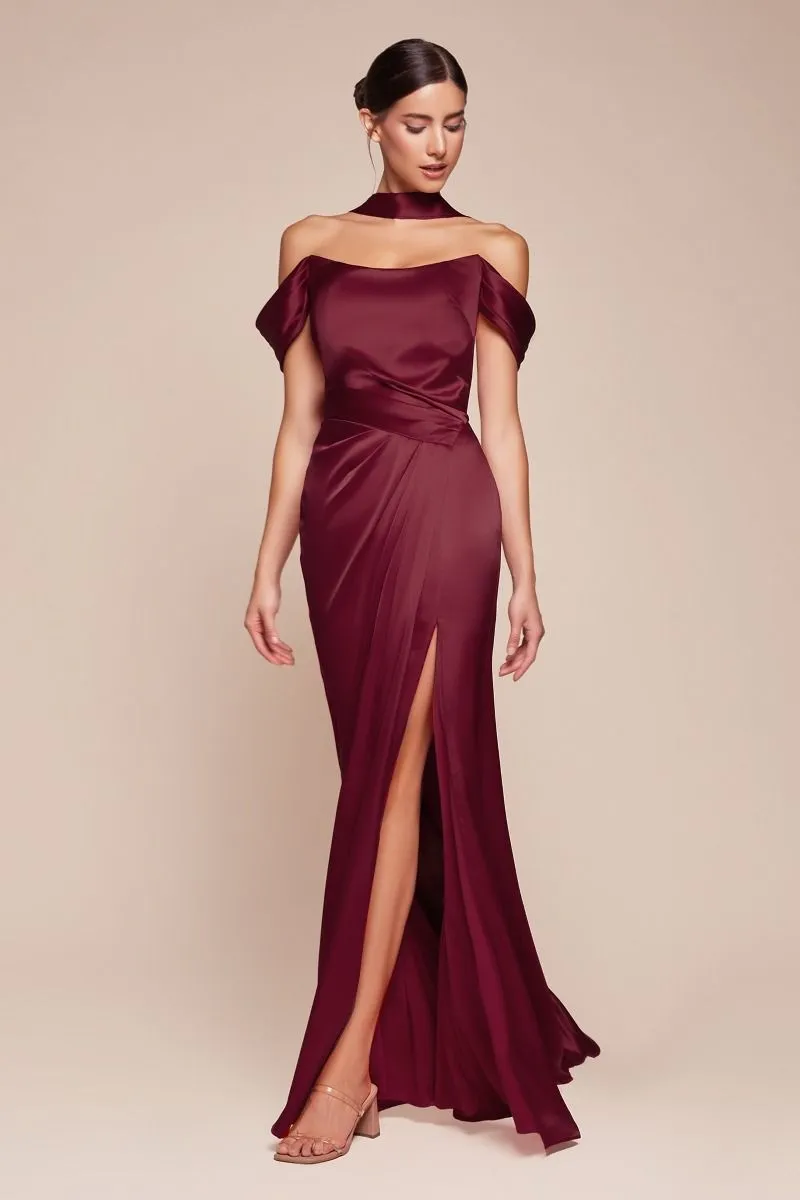 OFF THE SHOULDER LACE UP CORSET SATIN GOWN CD7452