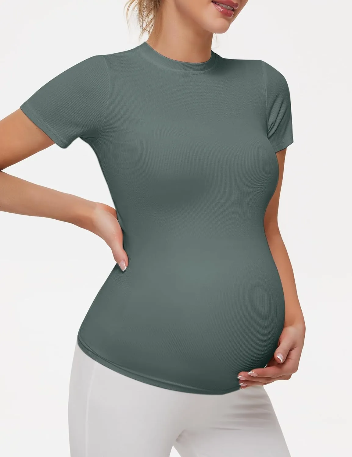 Peauty Maternity Ribbed T-Shirts with Crew Neck and Short Sleeves Shirts, Before During After Pregnancy Clothes
