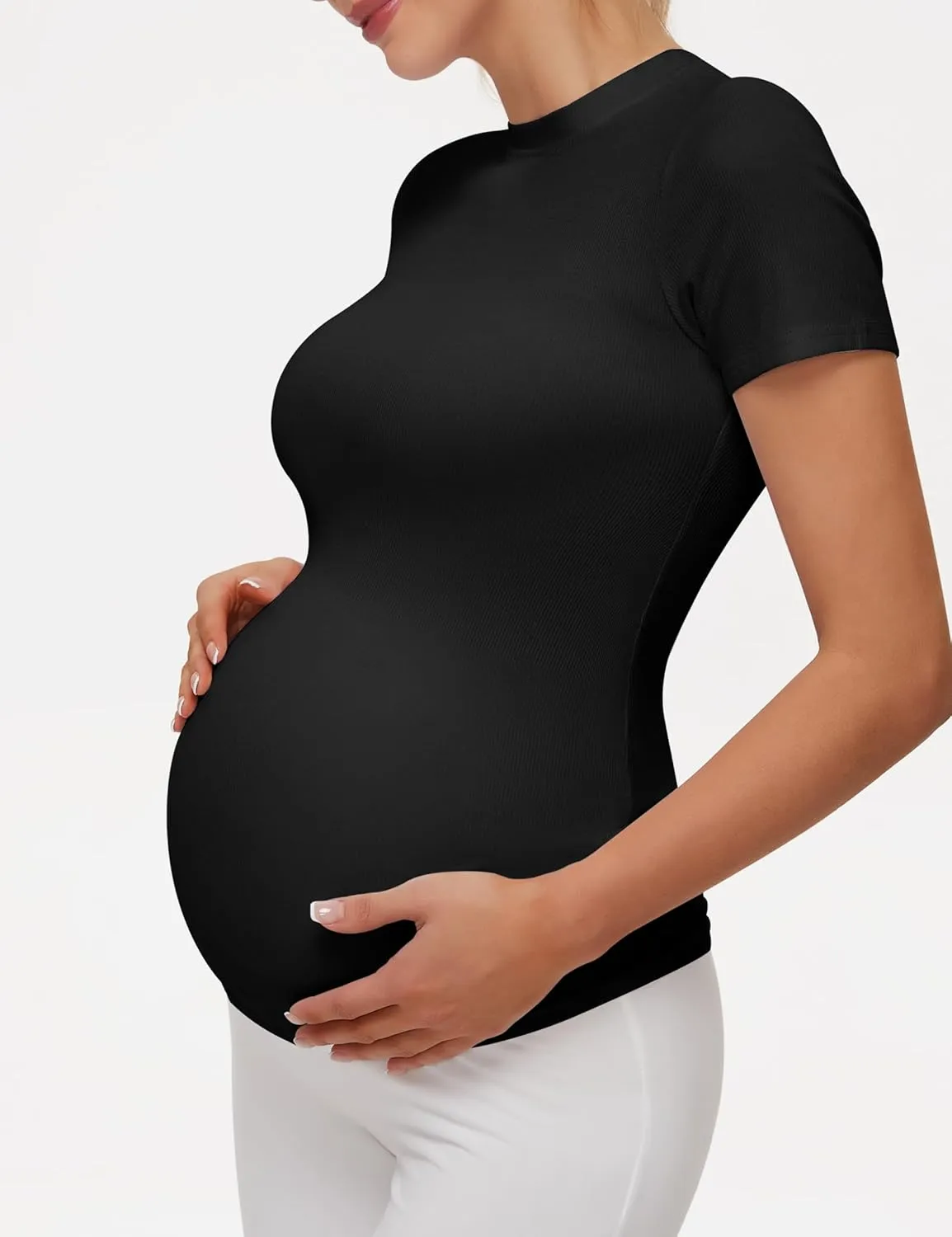 Peauty Maternity Ribbed T-Shirts with Crew Neck and Short Sleeves Shirts, Before During After Pregnancy Clothes