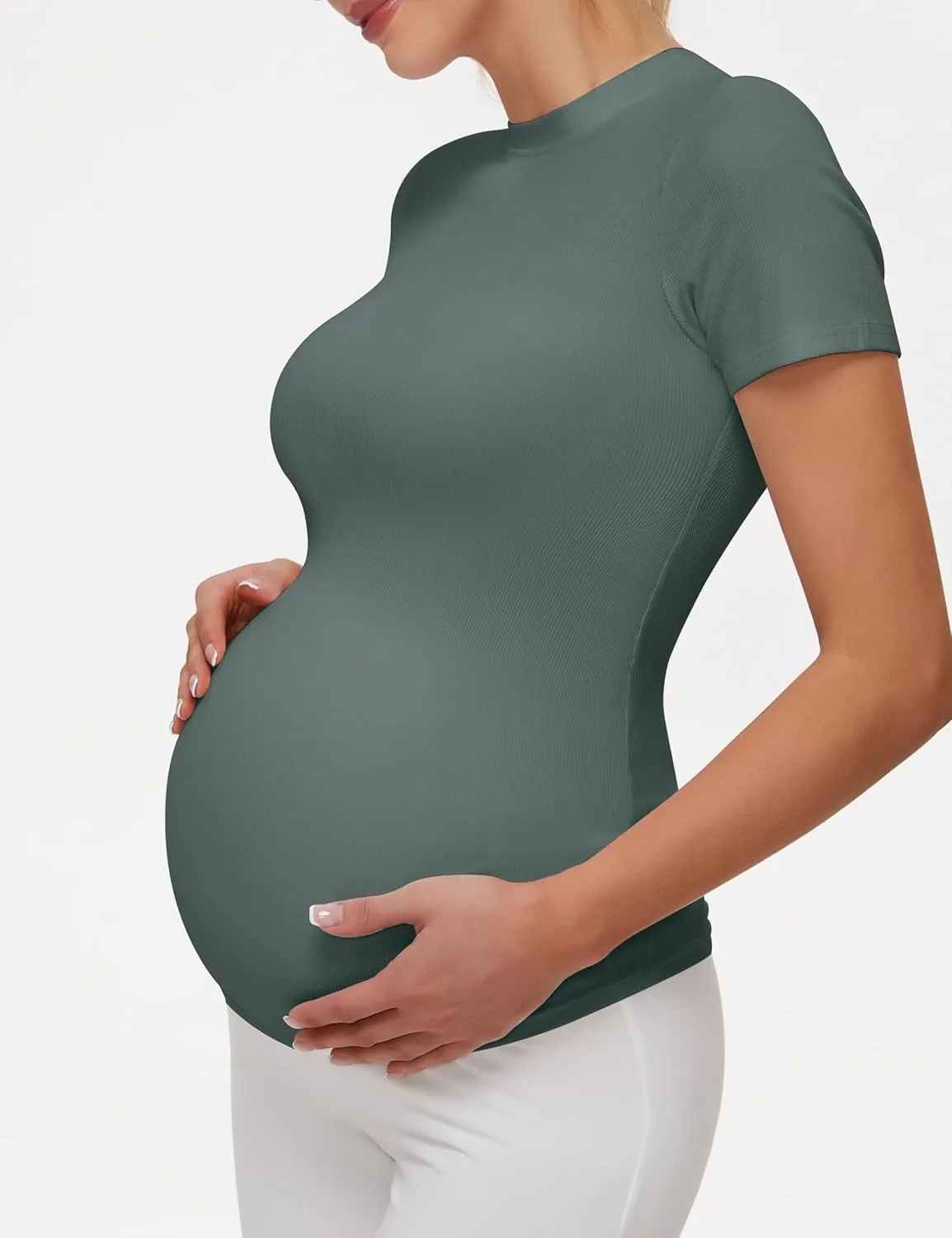 Peauty Maternity Ribbed T-Shirts with Crew Neck and Short Sleeves Shirts, Before During After Pregnancy Clothes