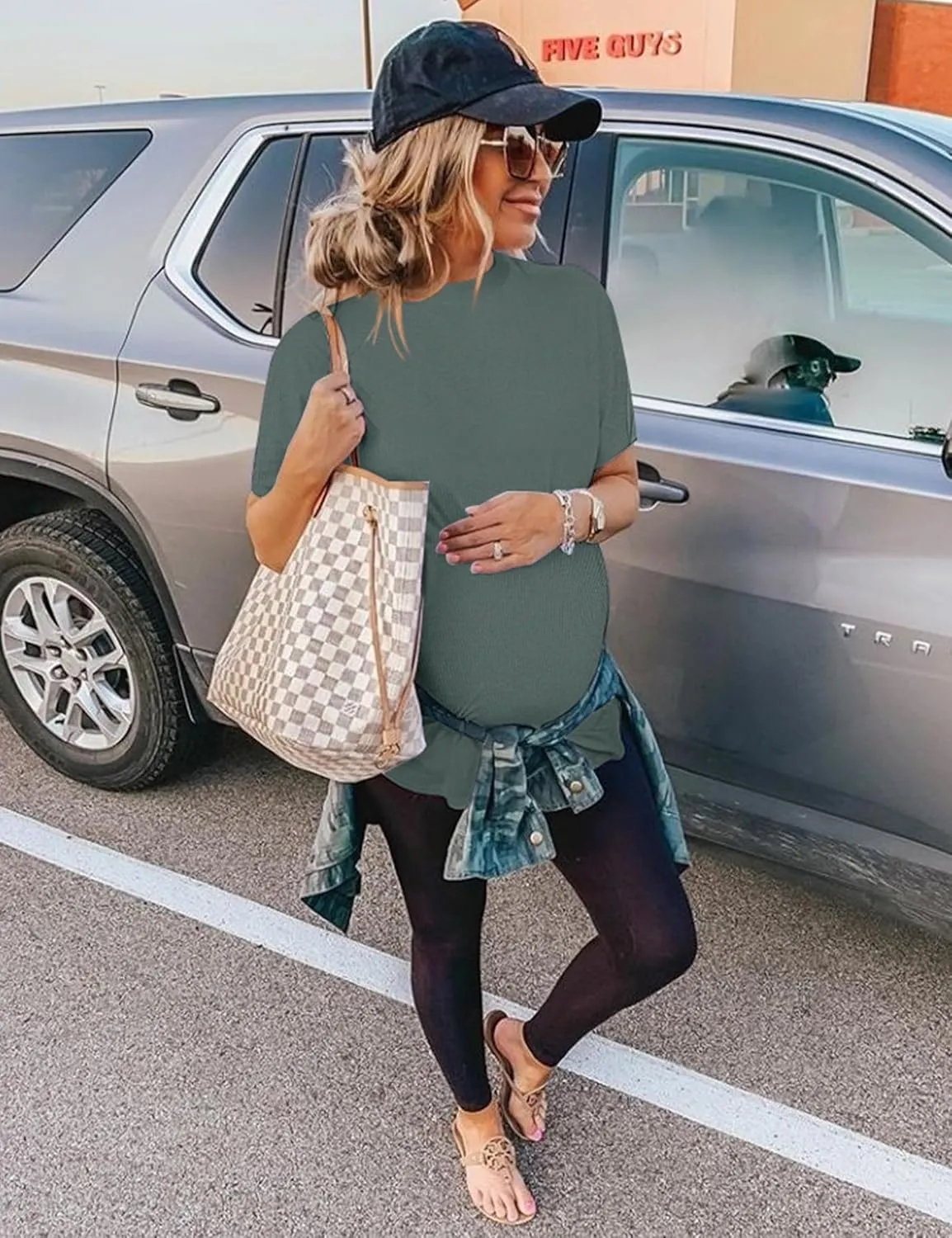Peauty Maternity Ribbed T-Shirts with Crew Neck and Short Sleeves Shirts, Before During After Pregnancy Clothes