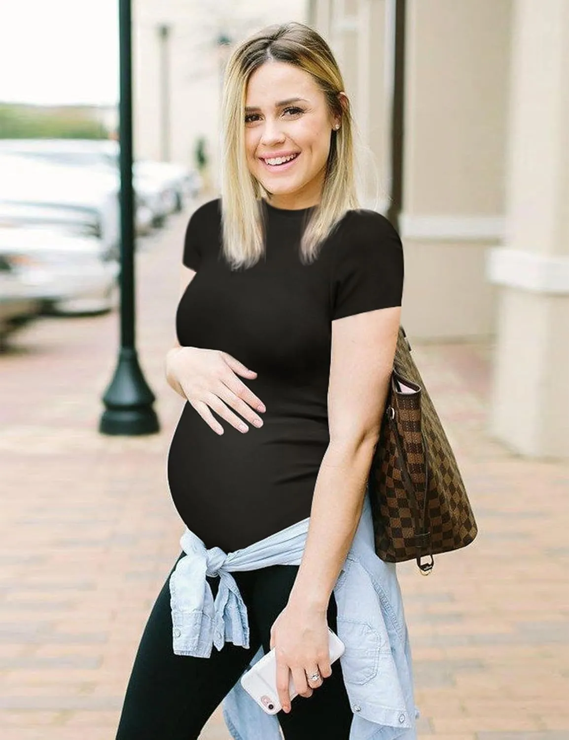 Peauty Maternity Ribbed T-Shirts with Crew Neck and Short Sleeves Shirts, Before During After Pregnancy Clothes