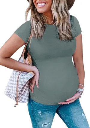 Peauty Maternity Ribbed T-Shirts with Crew Neck and Short Sleeves Shirts, Before During After Pregnancy Clothes