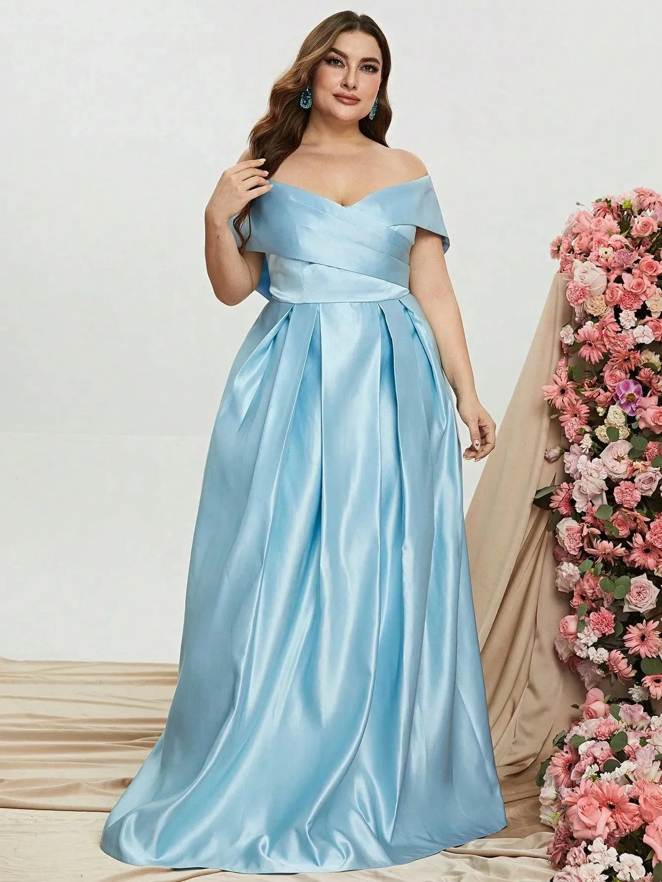 Plus Elegant Off Shoulder Satin A Line Prom Dress