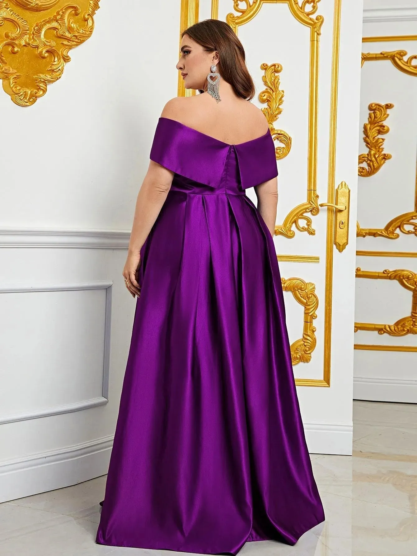 Plus Elegant Off Shoulder Satin A Line Prom Dress