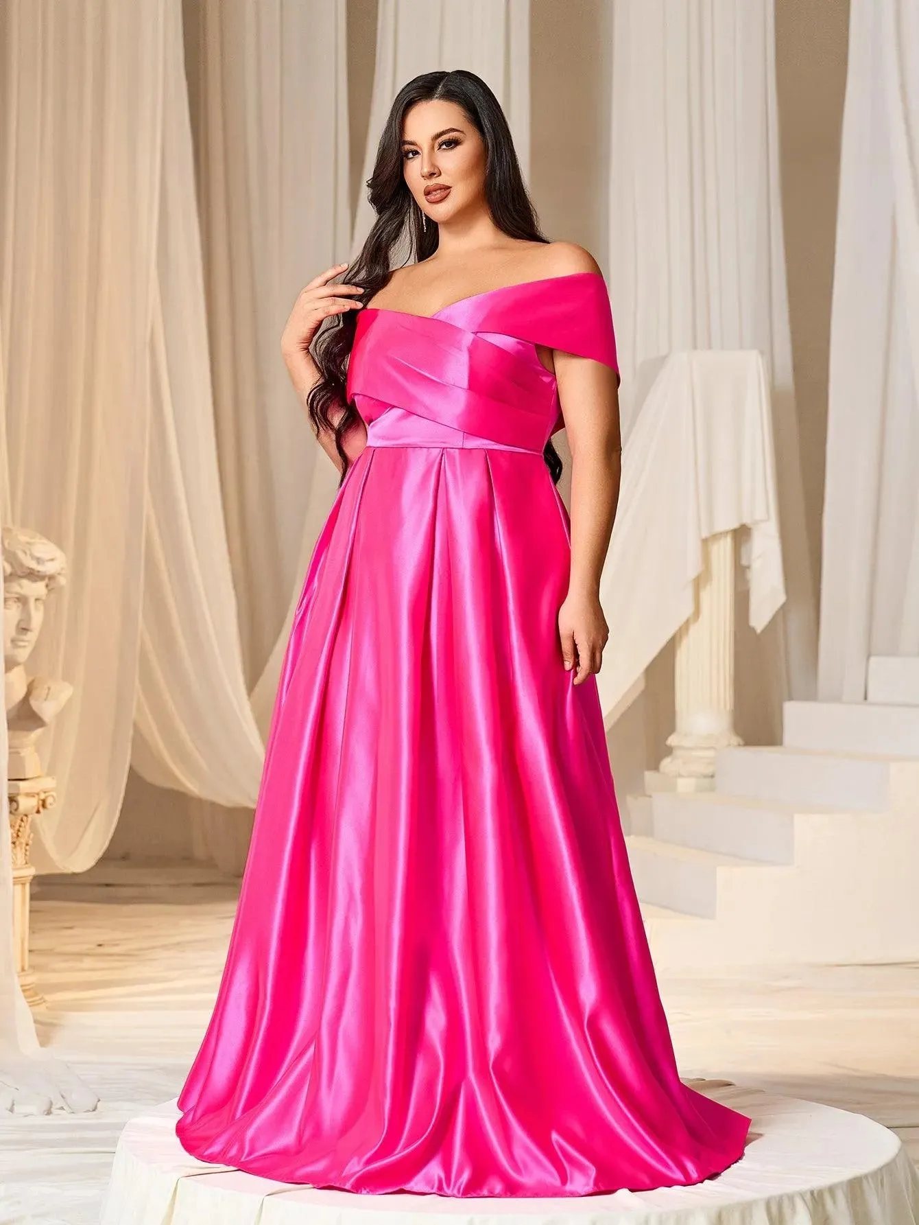 Plus Elegant Off Shoulder Satin A Line Prom Dress
