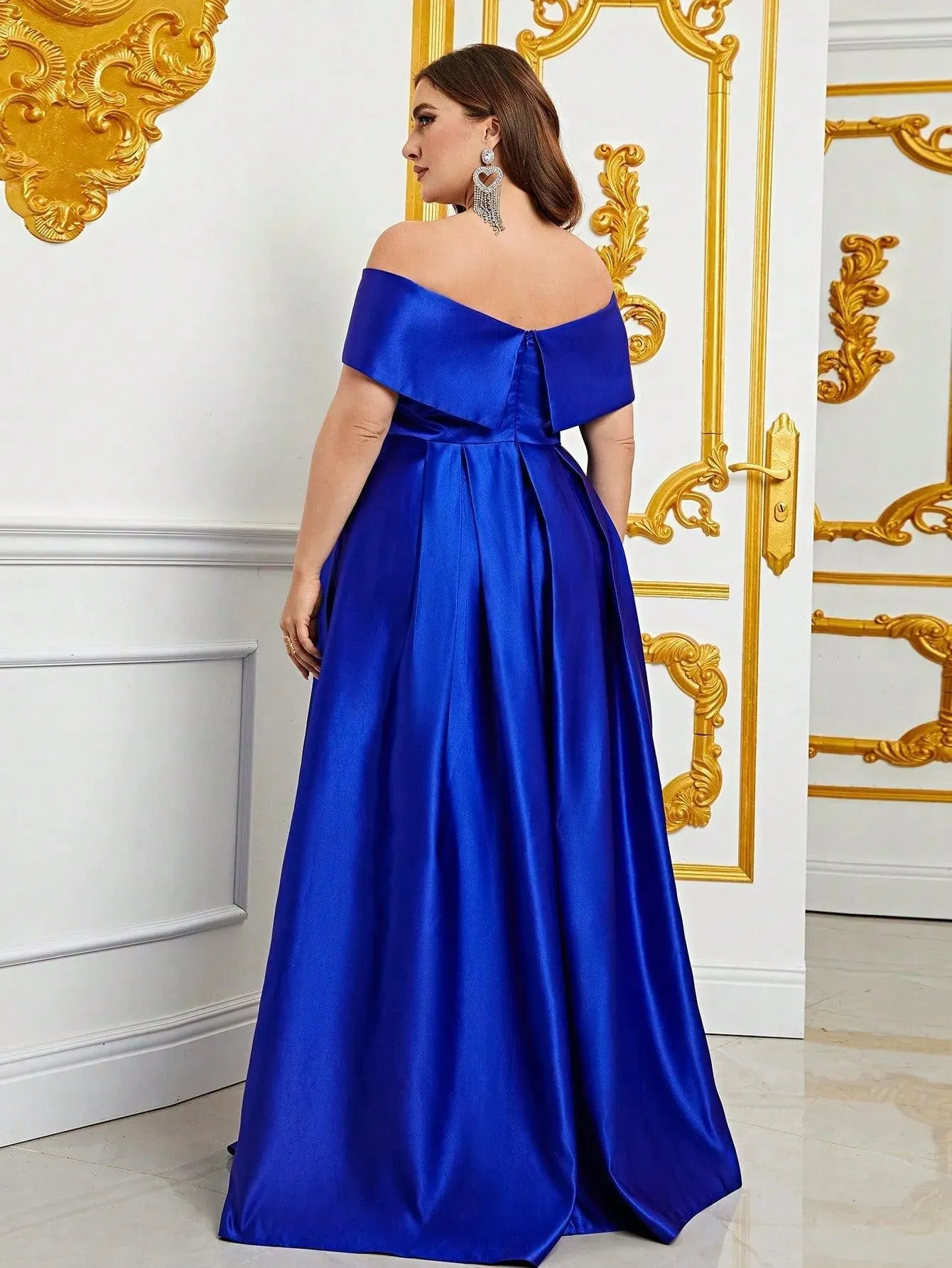 Plus Elegant Off Shoulder Satin A Line Prom Dress