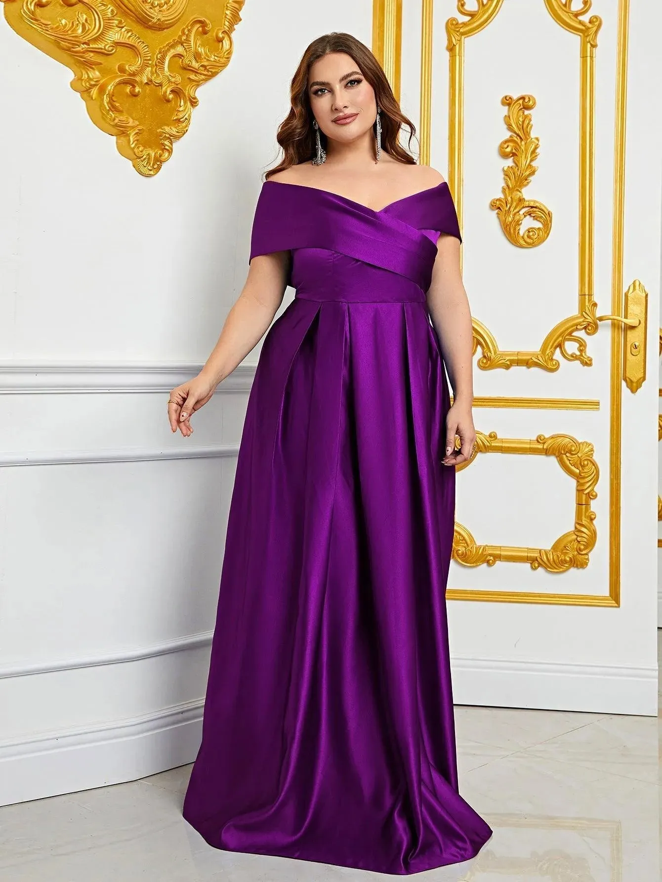 Plus Elegant Off Shoulder Satin A Line Prom Dress