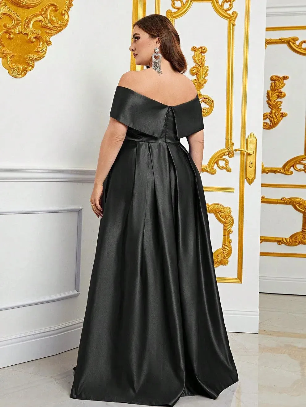 Plus Elegant Off Shoulder Satin A Line Prom Dress