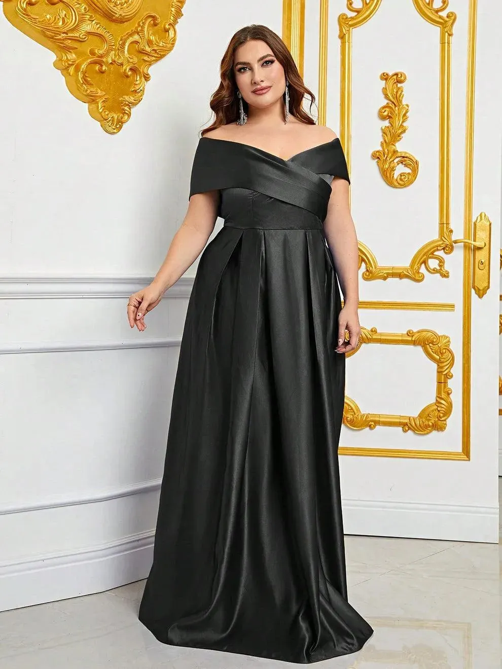Plus Elegant Off Shoulder Satin A Line Prom Dress