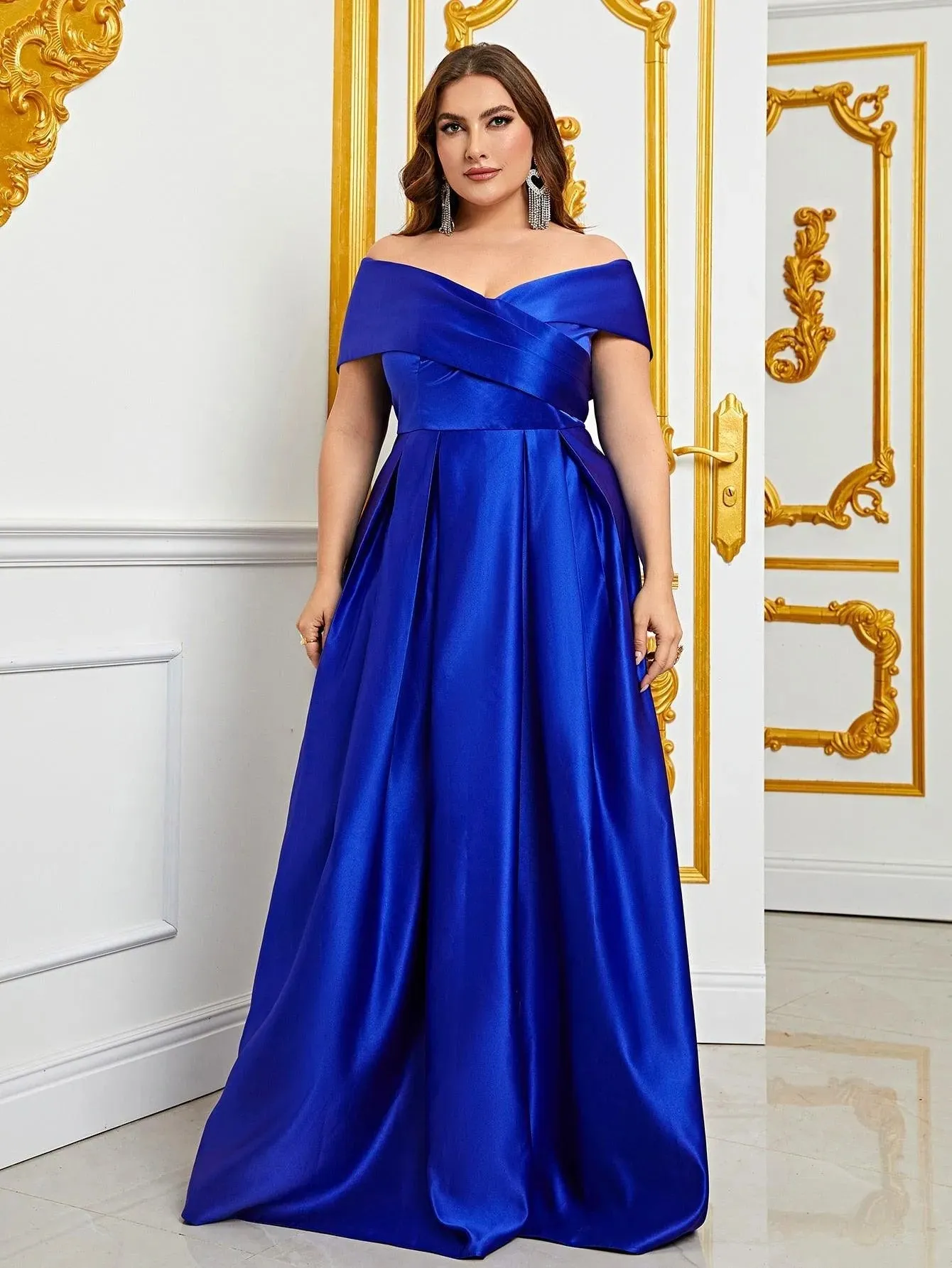 Plus Elegant Off Shoulder Satin A Line Prom Dress
