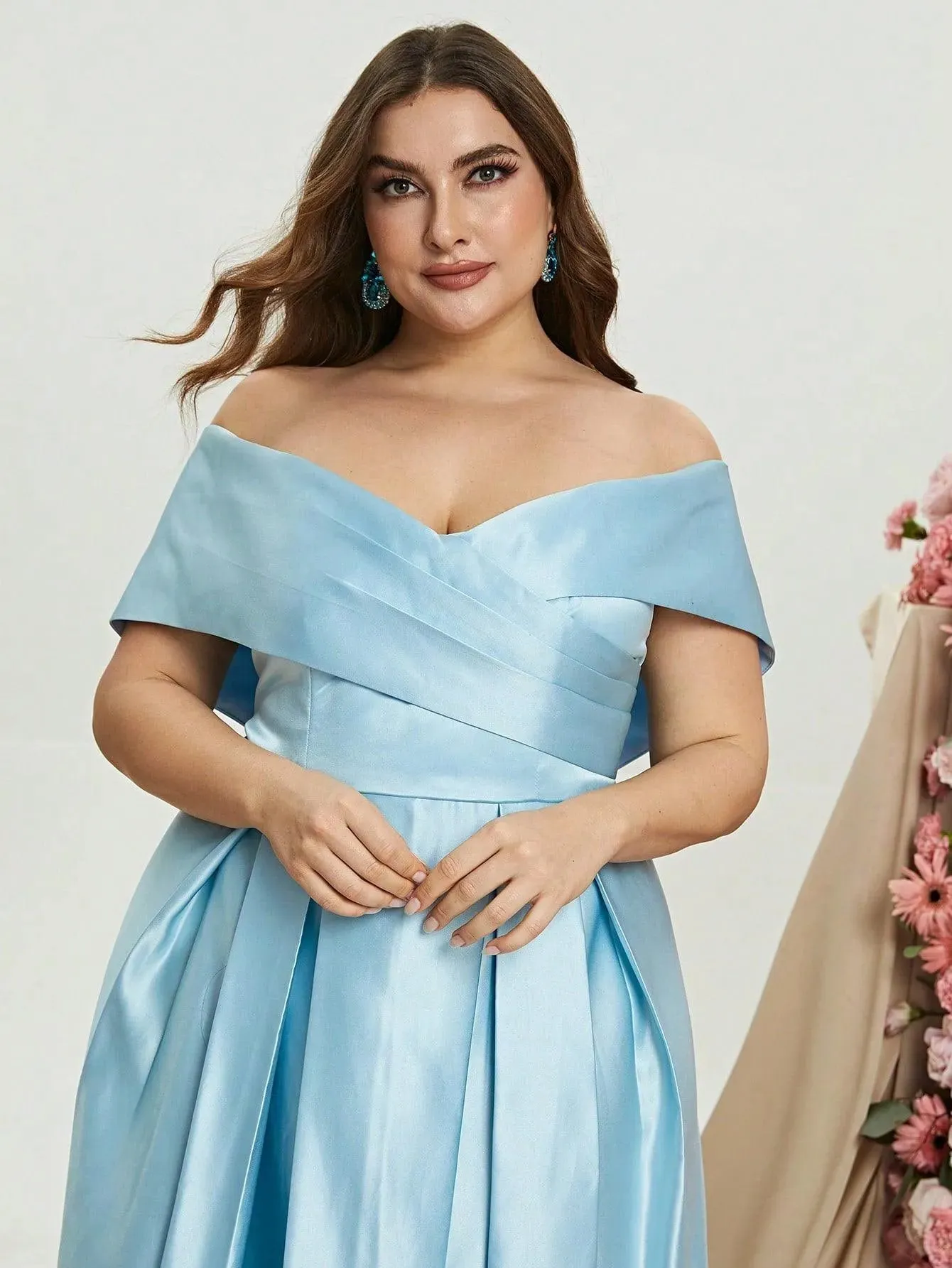 Plus Elegant Off Shoulder Satin A Line Prom Dress