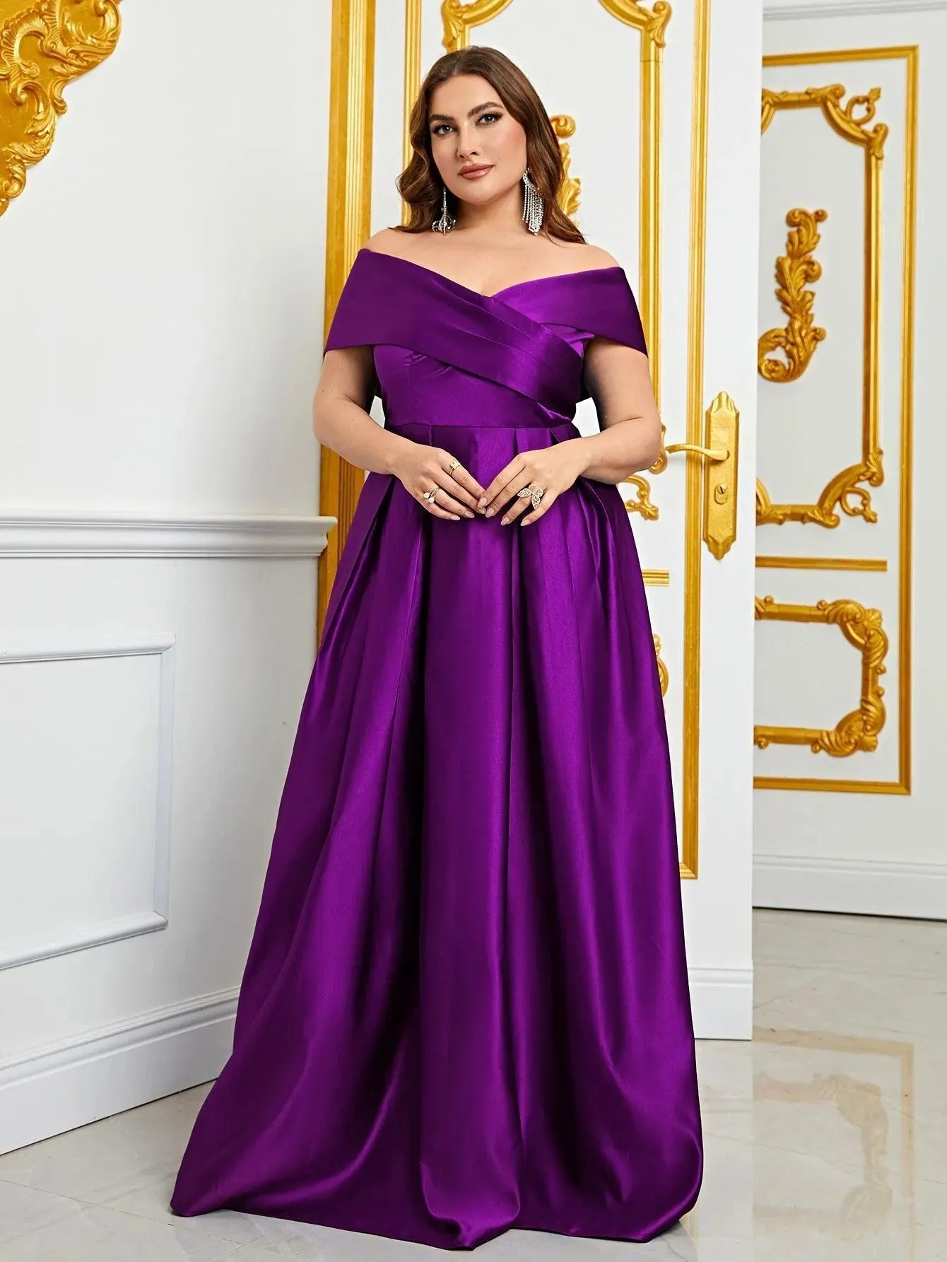 Plus Elegant Off Shoulder Satin A Line Prom Dress