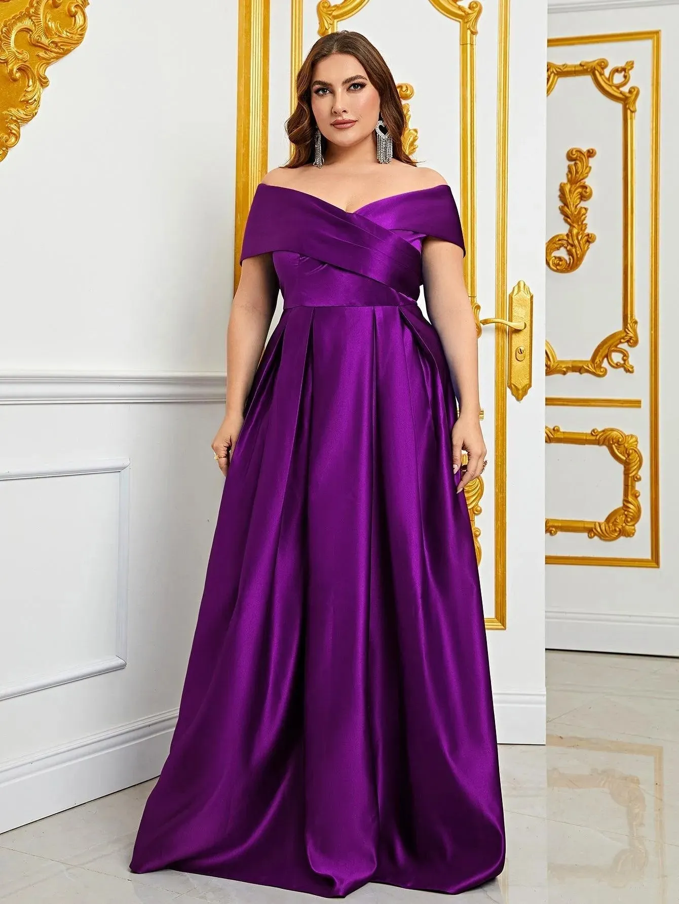 Plus Elegant Off Shoulder Satin A Line Prom Dress