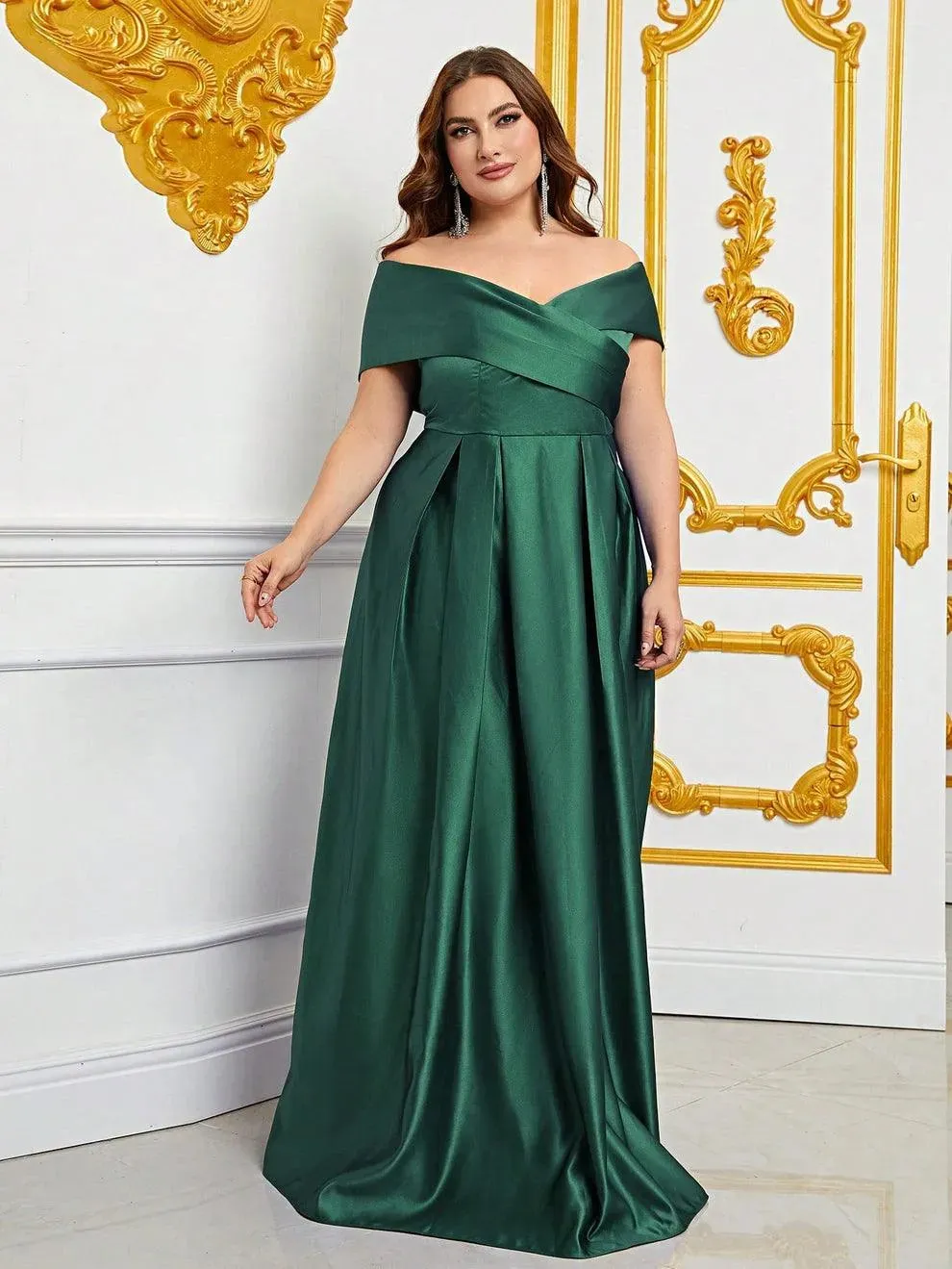 Plus Elegant Off Shoulder Satin A Line Prom Dress