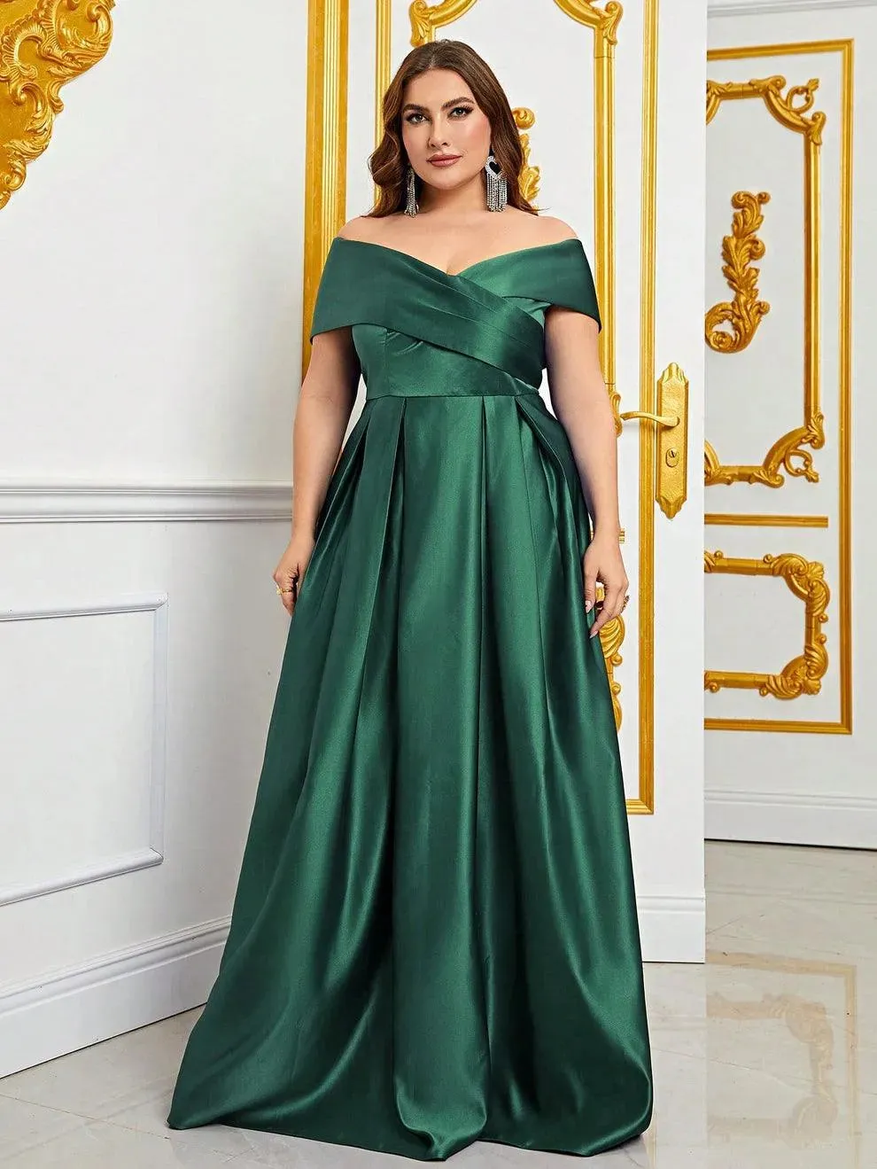 Plus Elegant Off Shoulder Satin A Line Prom Dress