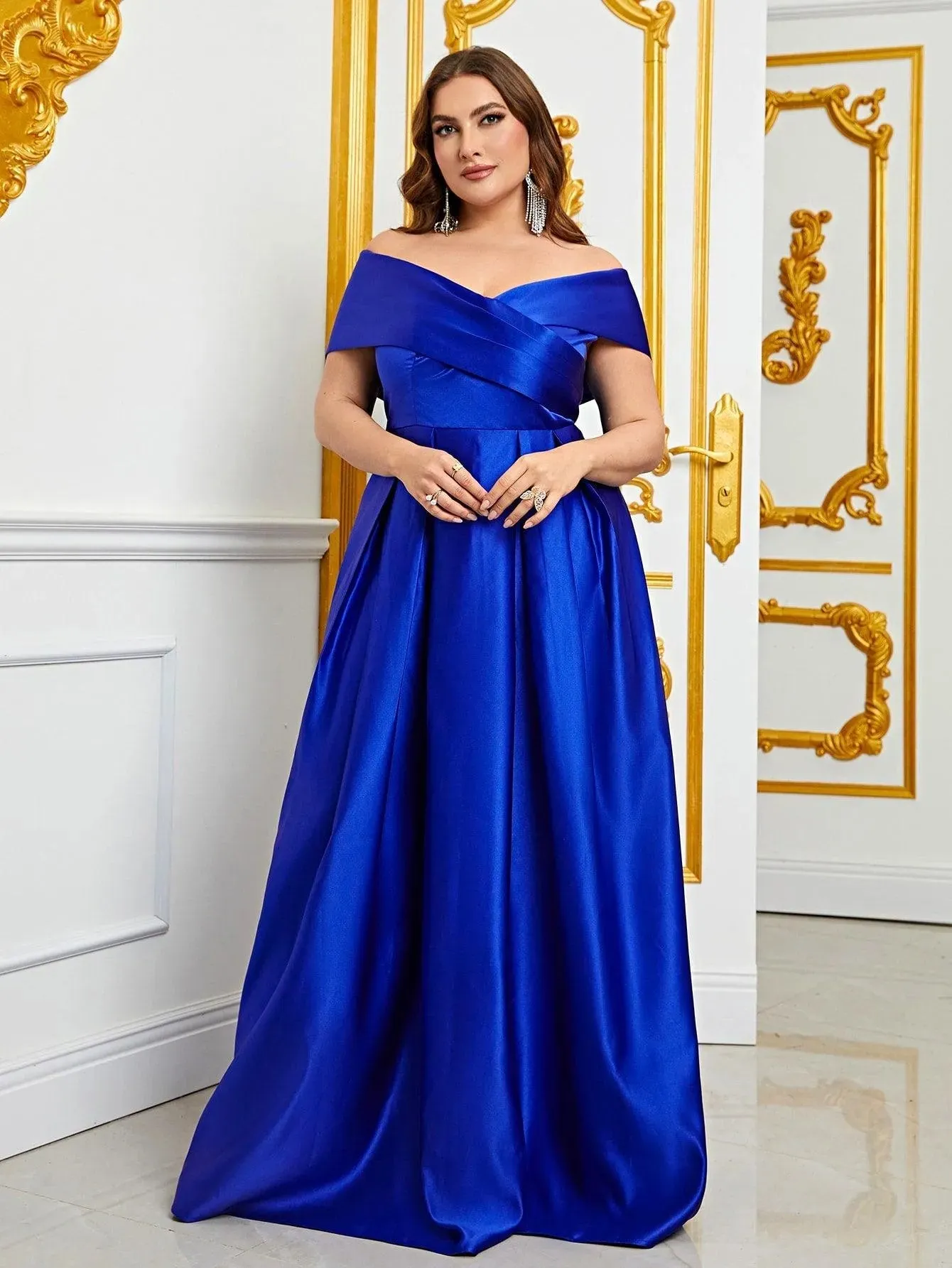 Plus Elegant Off Shoulder Satin A Line Prom Dress