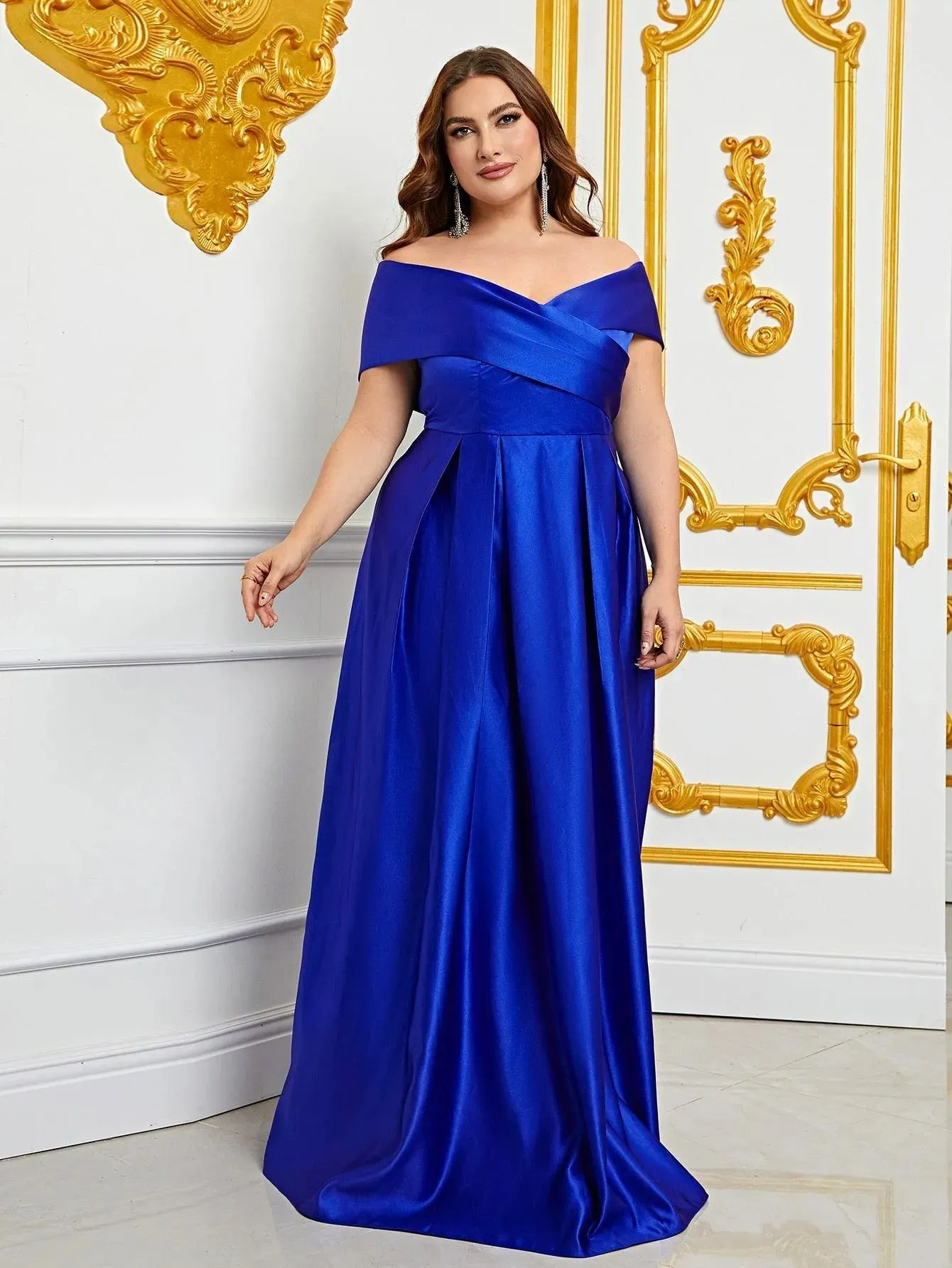 Plus Elegant Off Shoulder Satin A Line Prom Dress