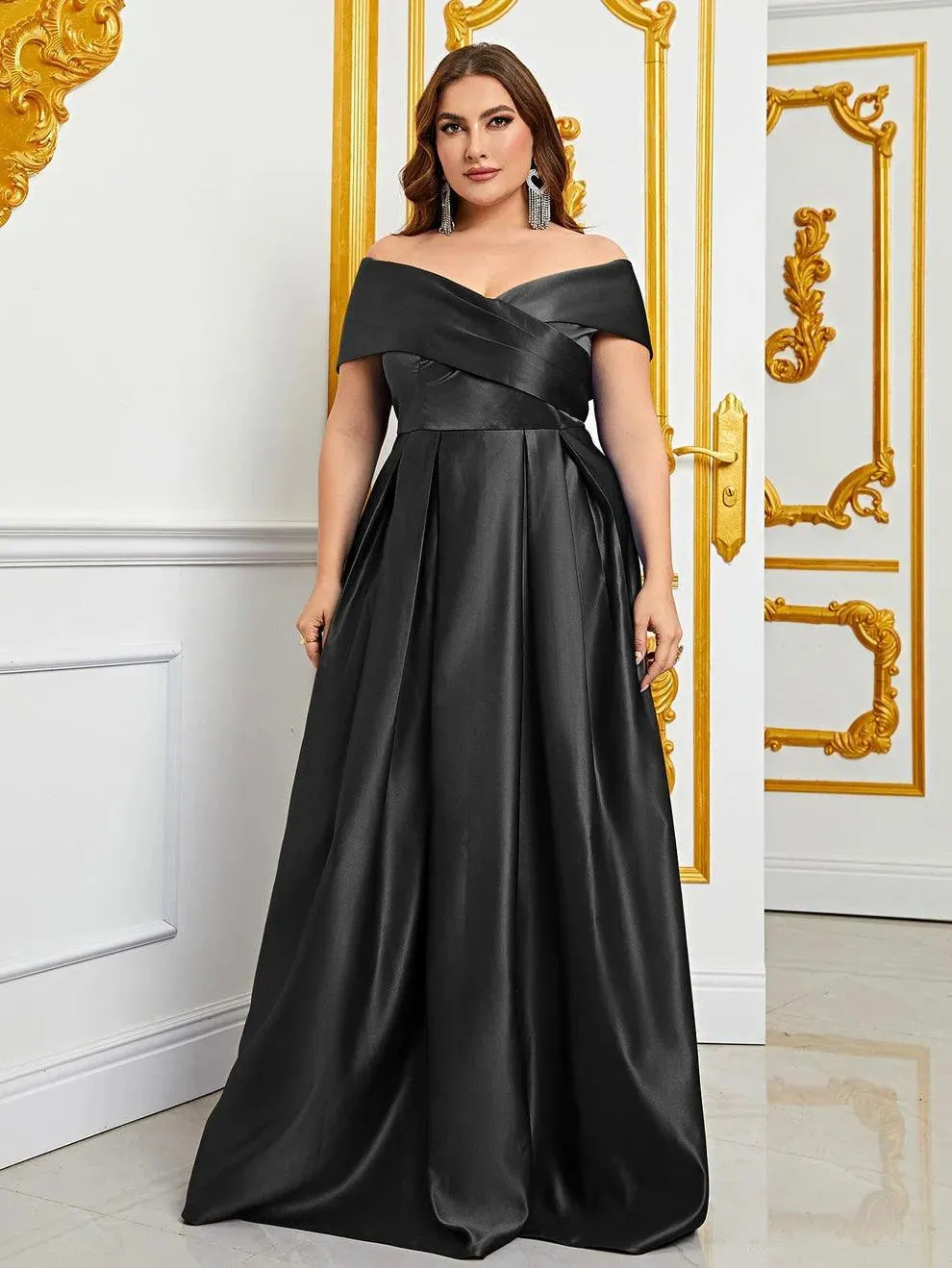 Plus Elegant Off Shoulder Satin A Line Prom Dress