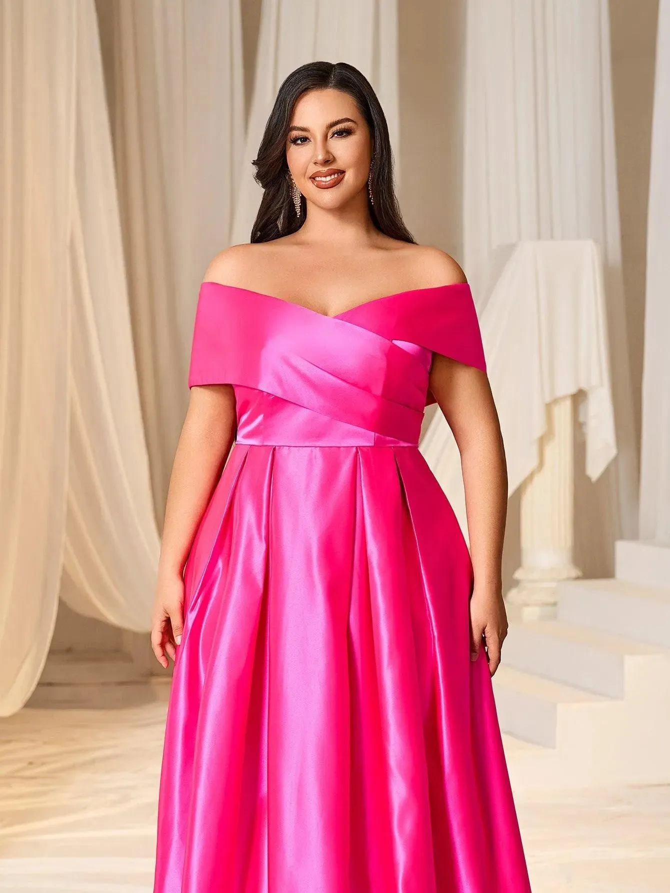 Plus Elegant Off Shoulder Satin A Line Prom Dress