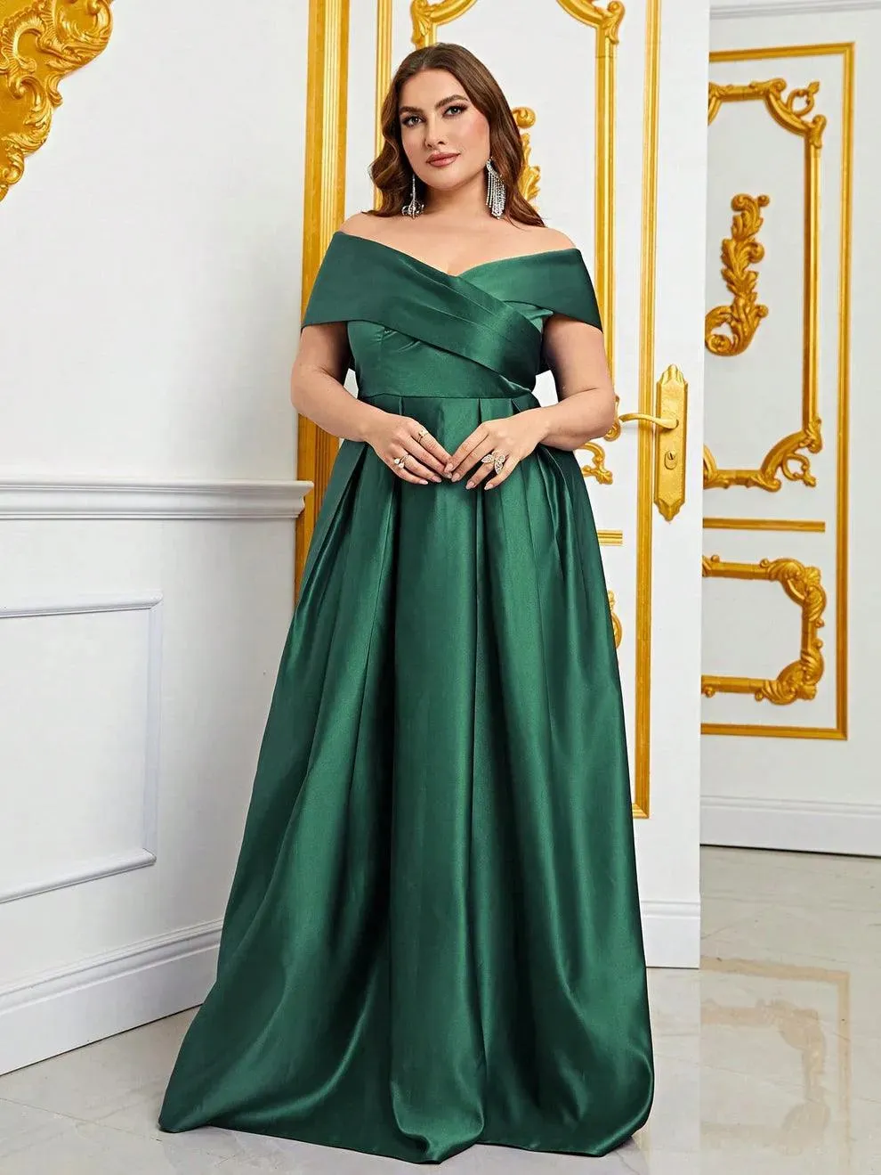 Plus Elegant Off Shoulder Satin A Line Prom Dress