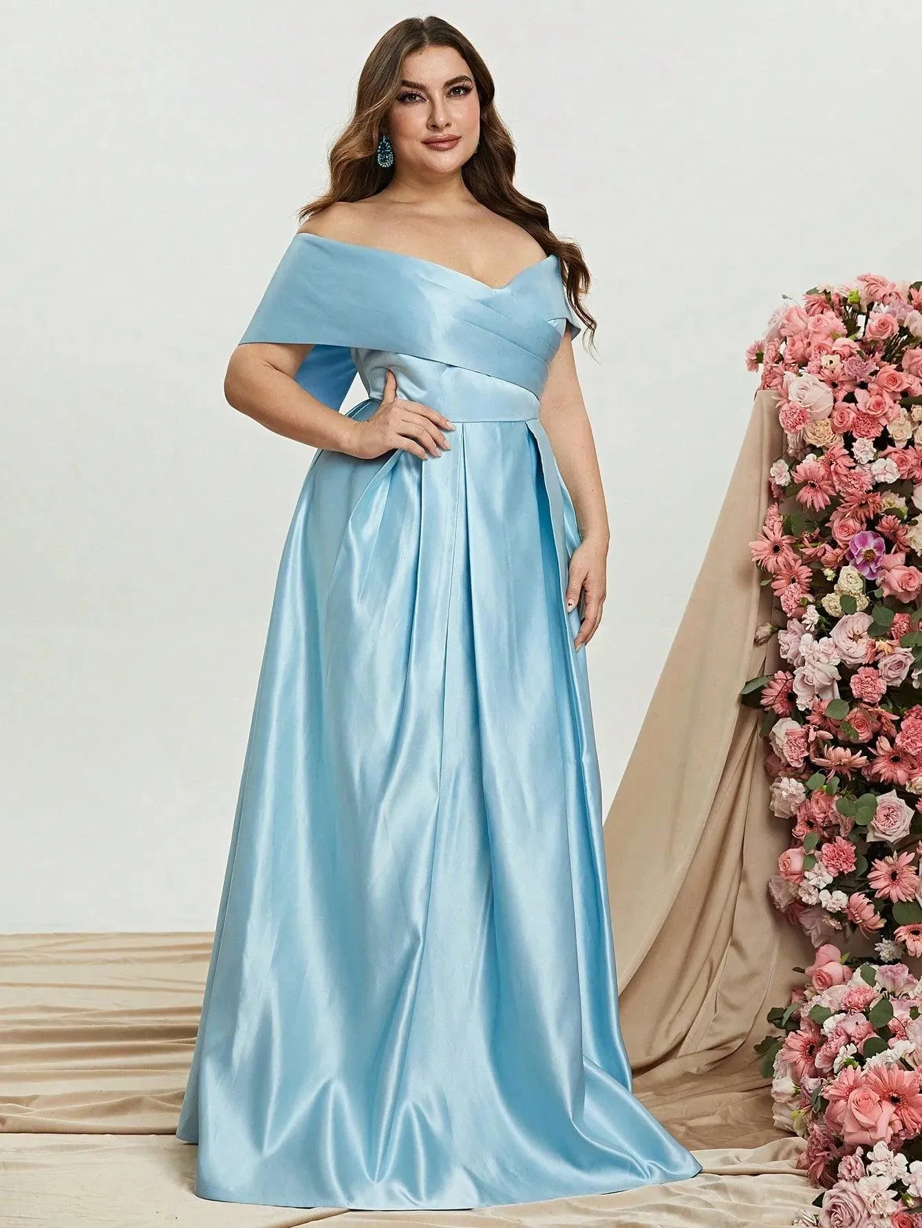 Plus Elegant Off Shoulder Satin A Line Prom Dress
