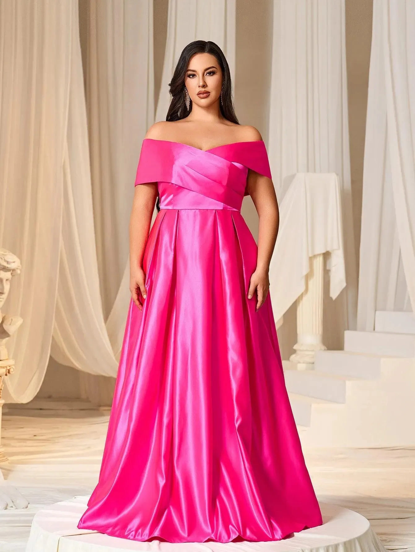 Plus Elegant Off Shoulder Satin A Line Prom Dress