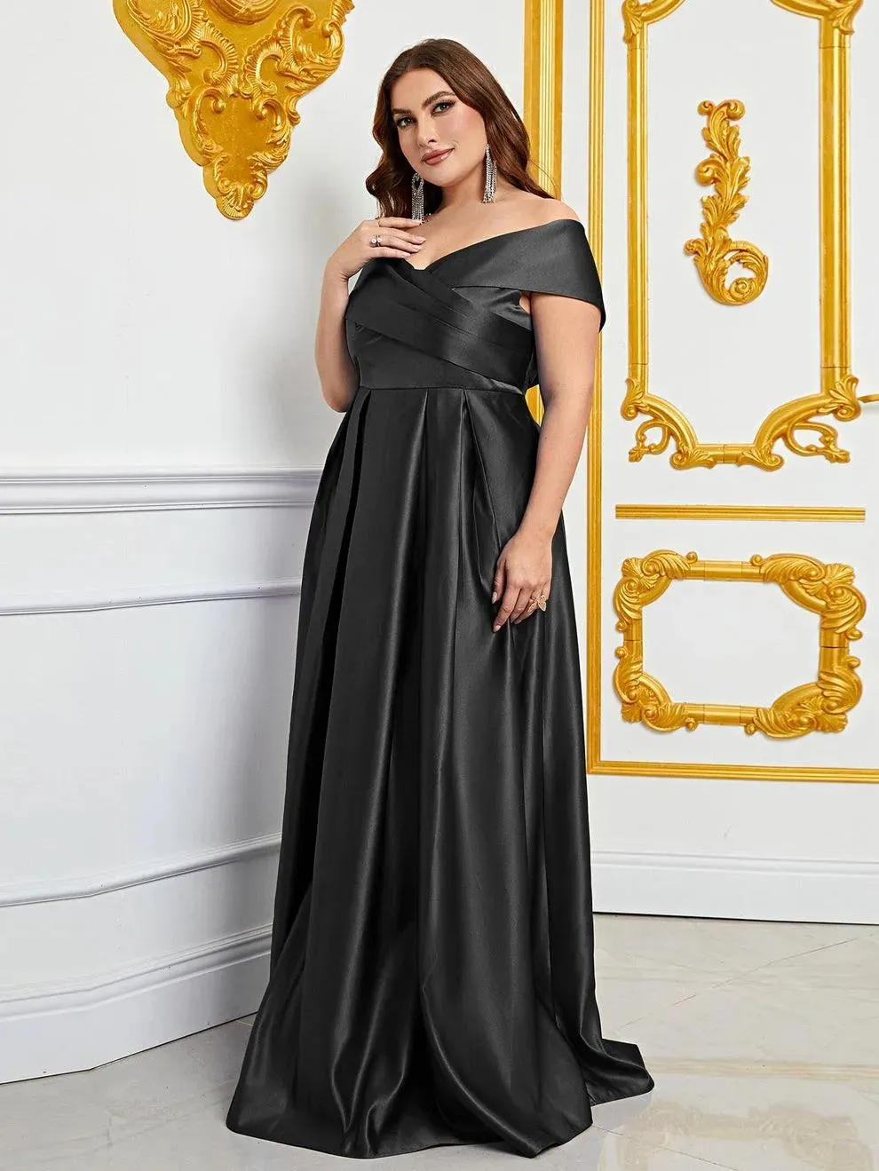 Plus Elegant Off Shoulder Satin A Line Prom Dress