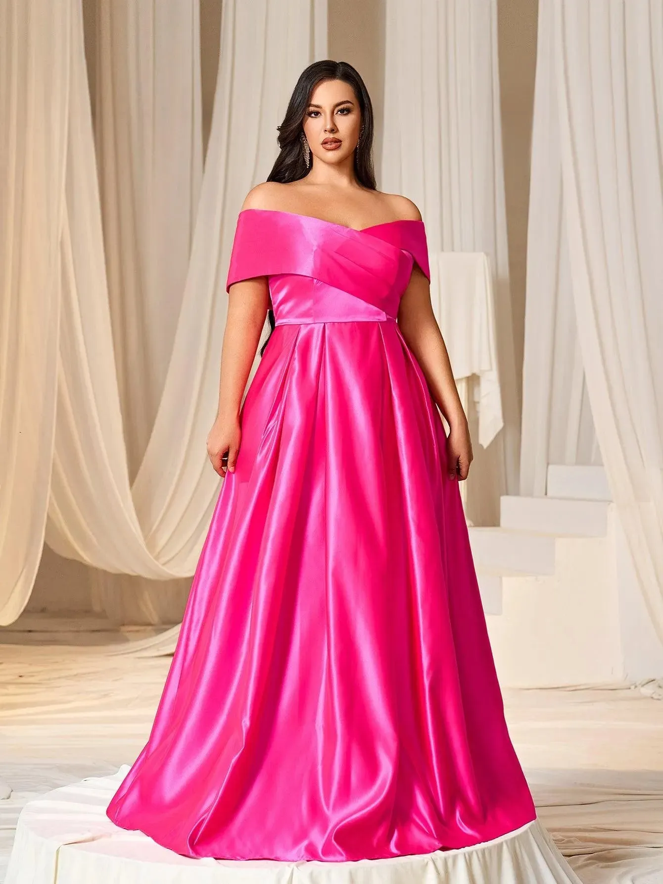 Plus Elegant Off Shoulder Satin A Line Prom Dress