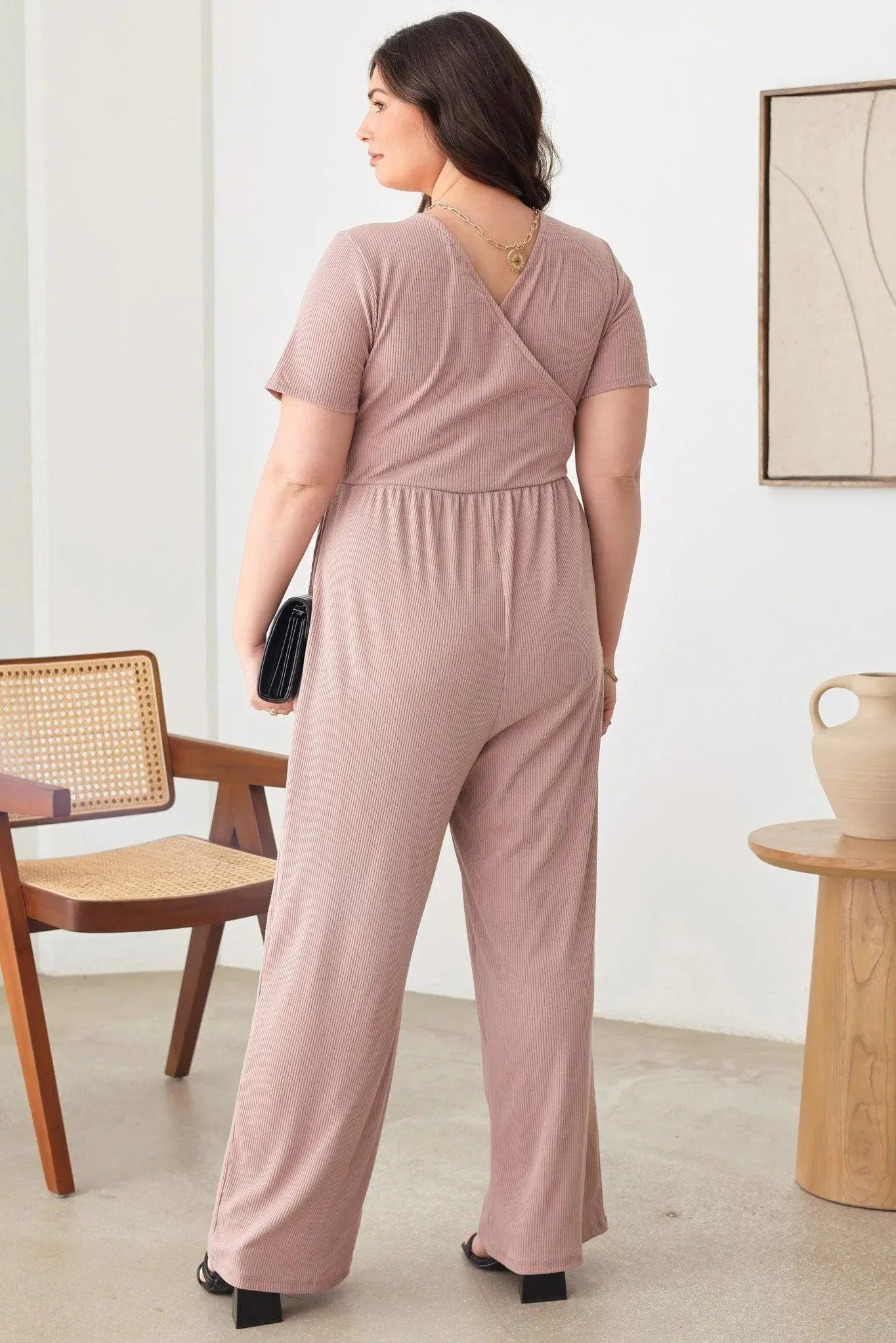 Plus Size Warp Bust Short Sleeve Ribbed Jumpsuit