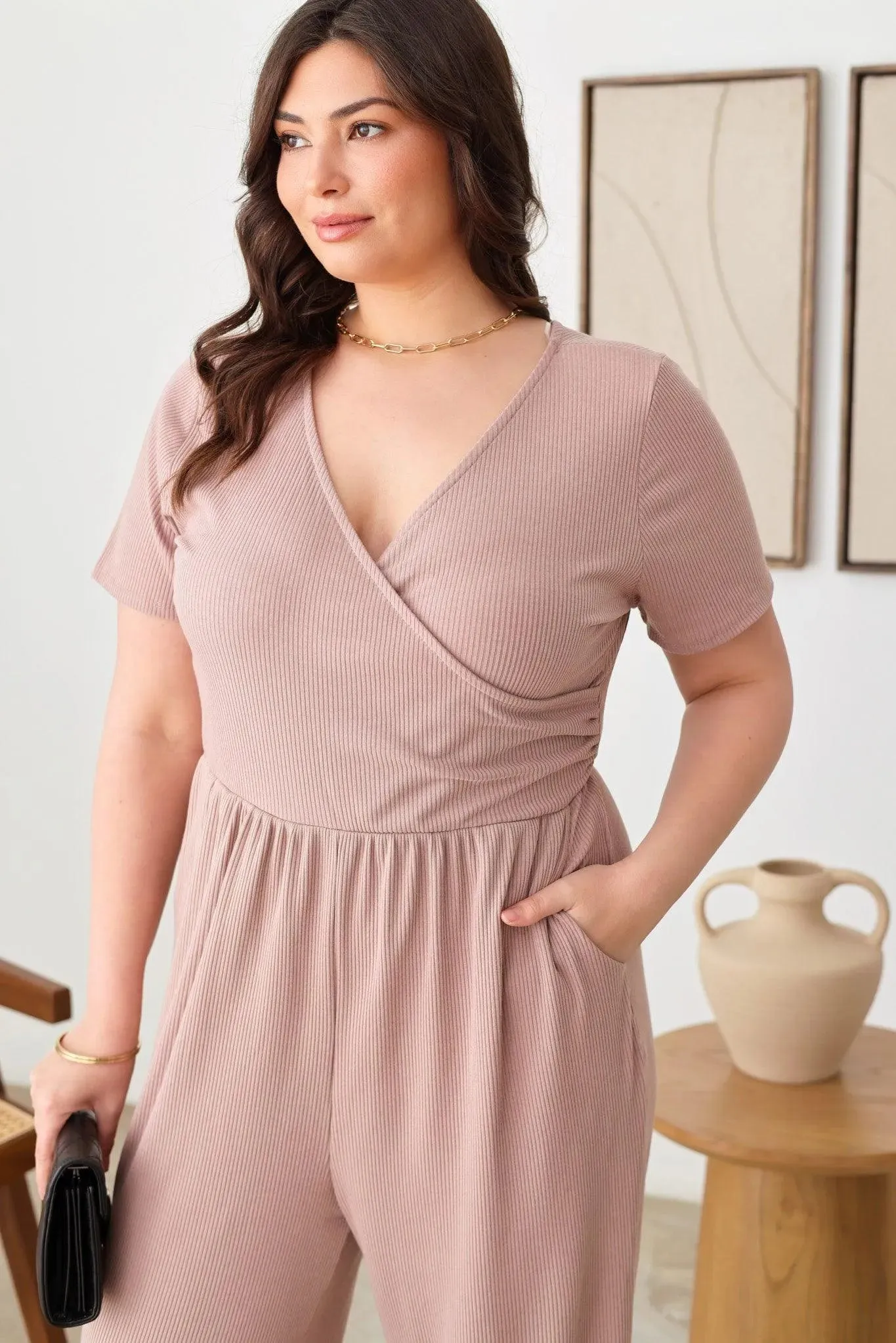 Plus Size Warp Bust Short Sleeve Ribbed Jumpsuit