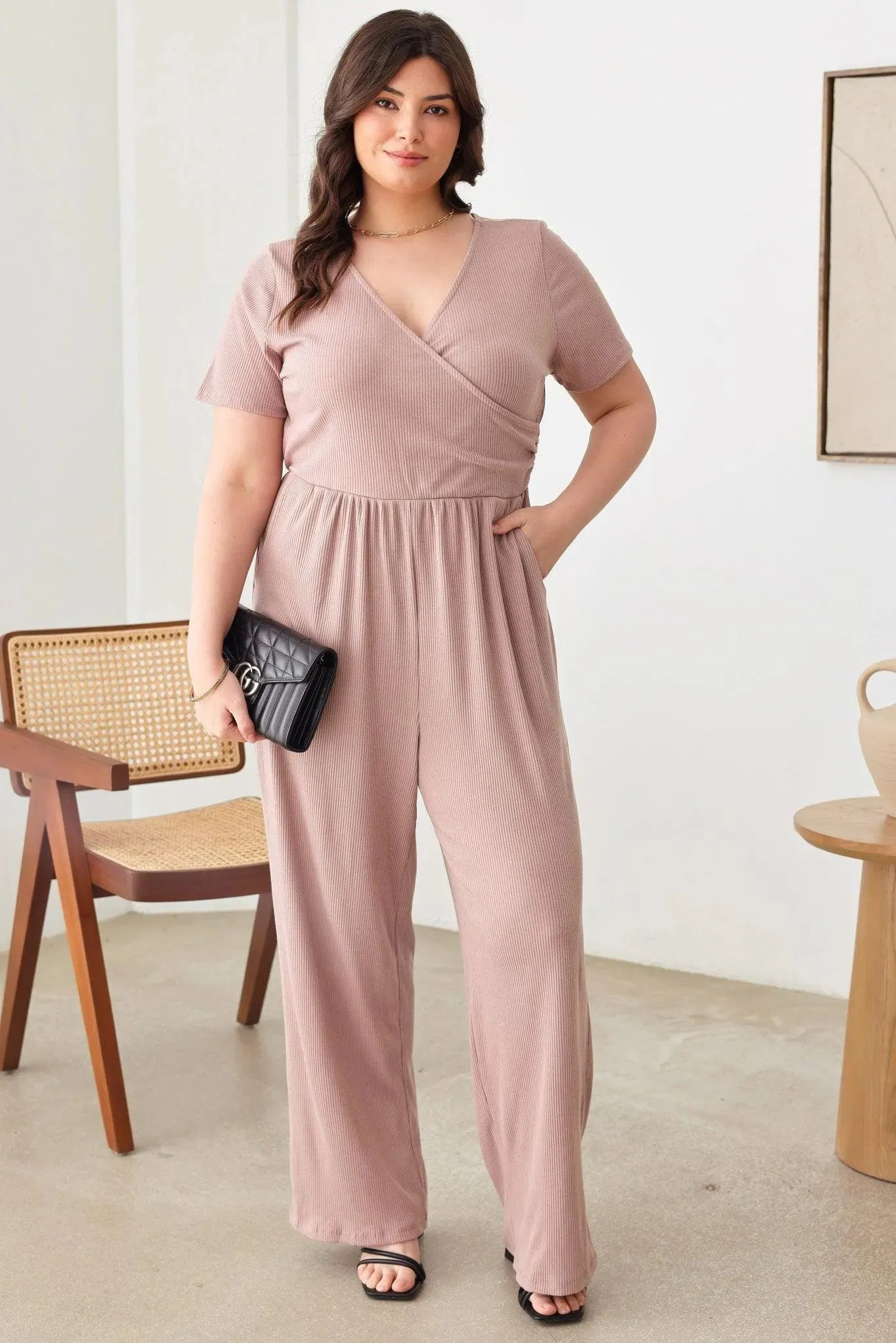 Plus Size Warp Bust Short Sleeve Ribbed Jumpsuit