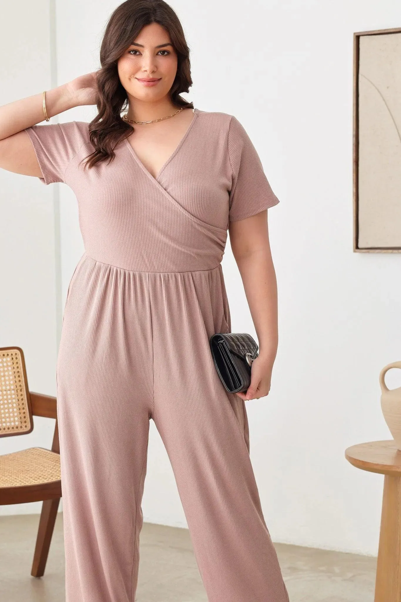 Plus Size Warp Bust Short Sleeve Ribbed Jumpsuit
