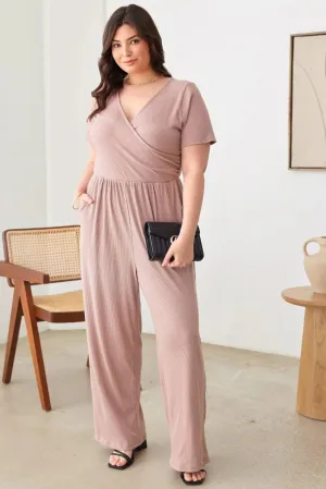 Plus Size Warp Bust Short Sleeve Ribbed Jumpsuit