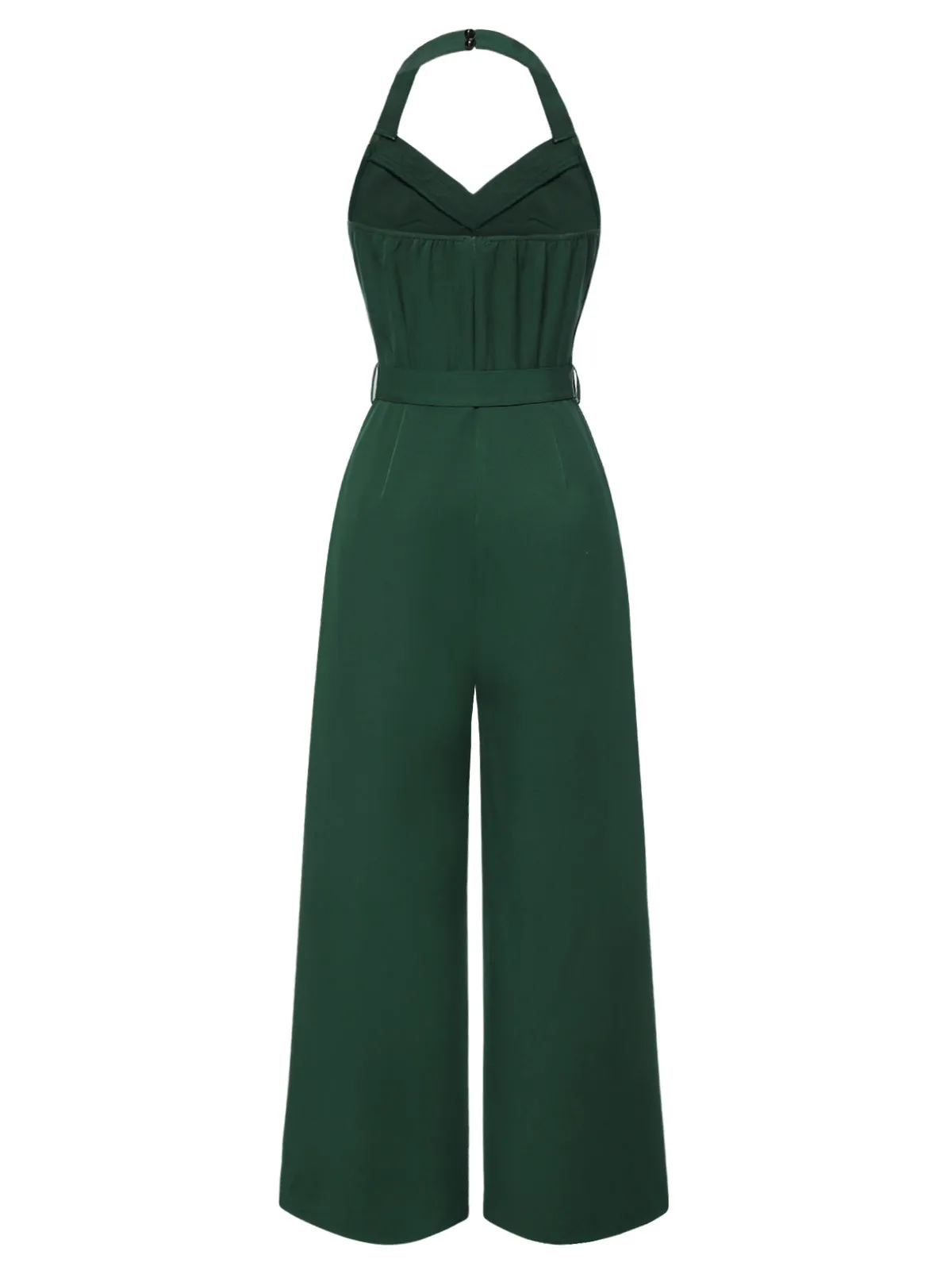 [Pre-Sale] Dark Green 1930s Halter Floral Trim Belted Jumpsuit