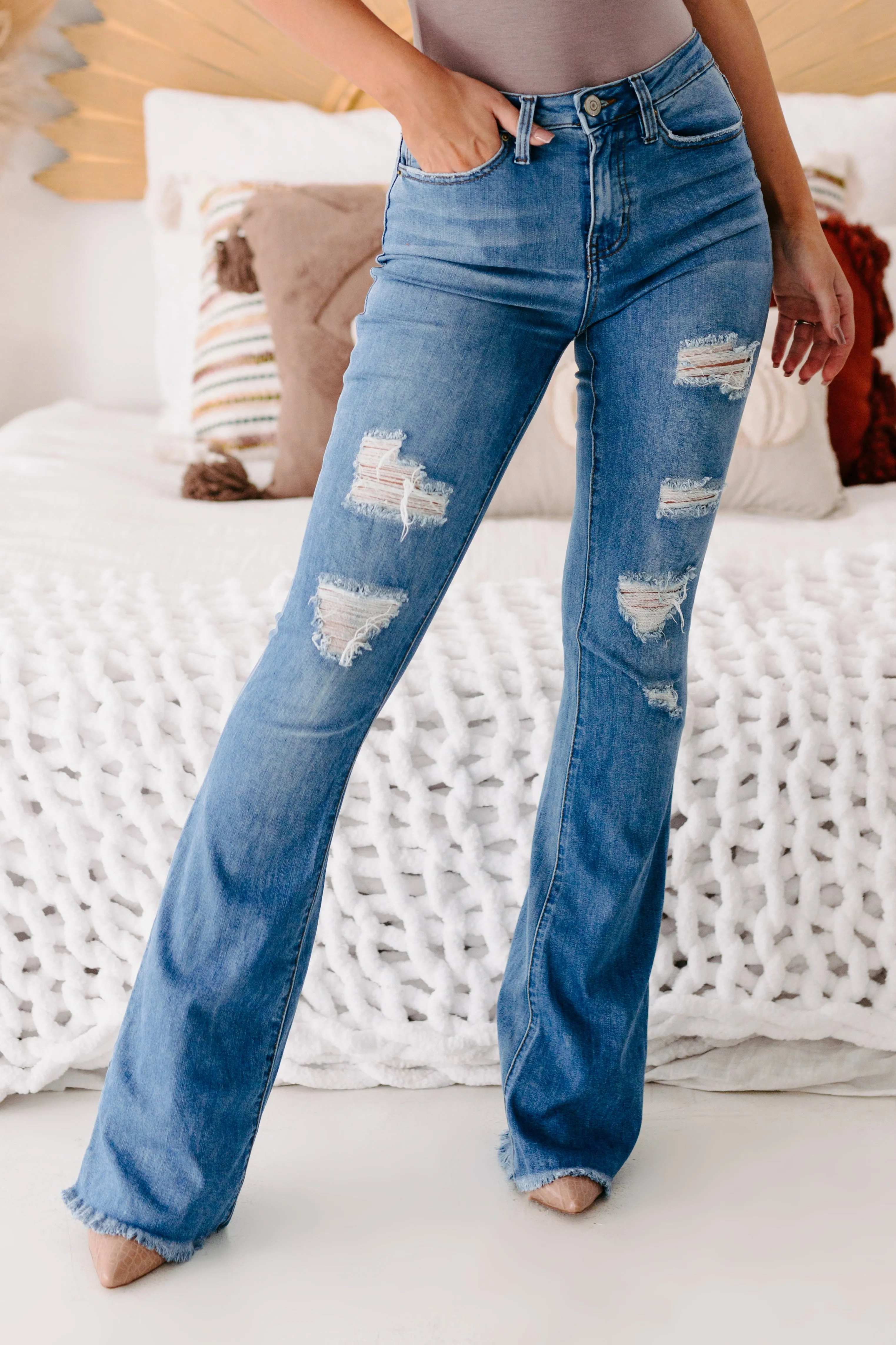 Pursuing You YMI High Rise Distressed Flare Jeans (Medium)