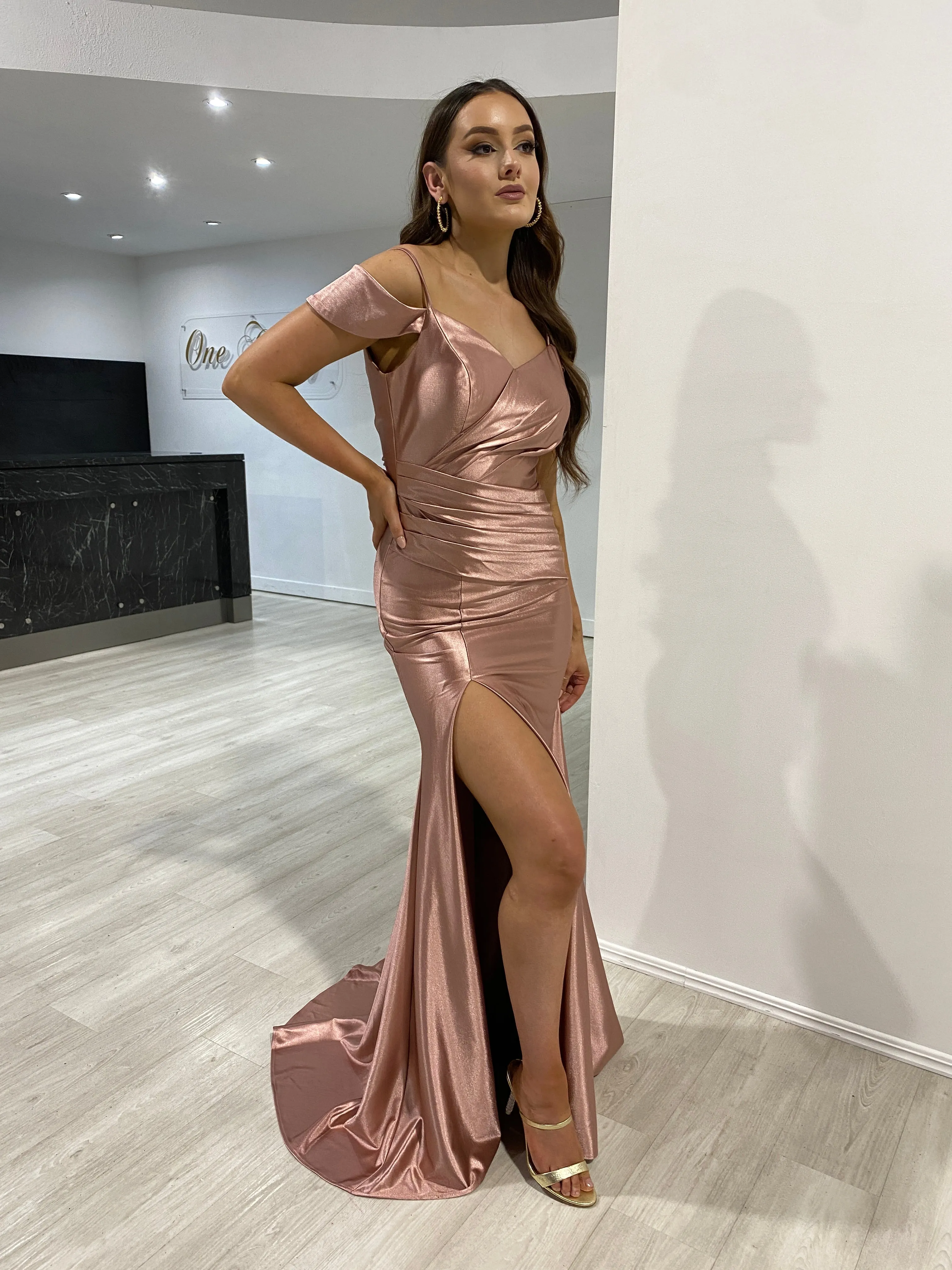 ROMY Silky Off Shoulder Mermaid Prom Formal Dress