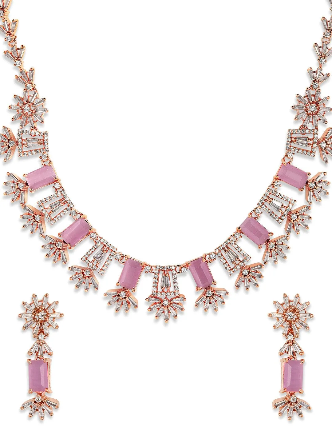 Rubans Rose Gold Plated Handcrafted Zircon Stone Studded Floral Necklace Set