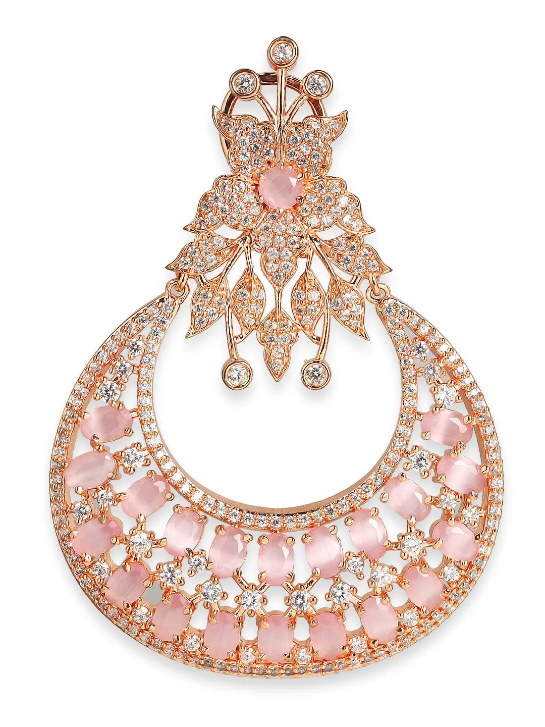 Rubans Zircon Studded Handcrafted Rose Gold Plated Floral Statement Chandbali Earrings