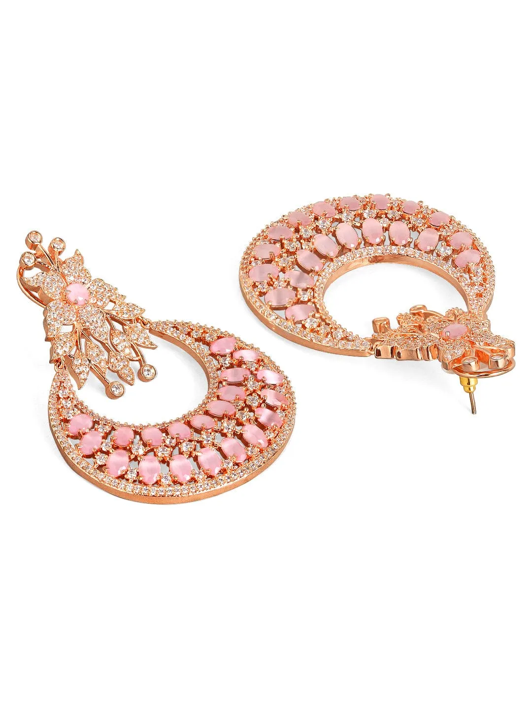 Rubans Zircon Studded Handcrafted Rose Gold Plated Floral Statement Chandbali Earrings