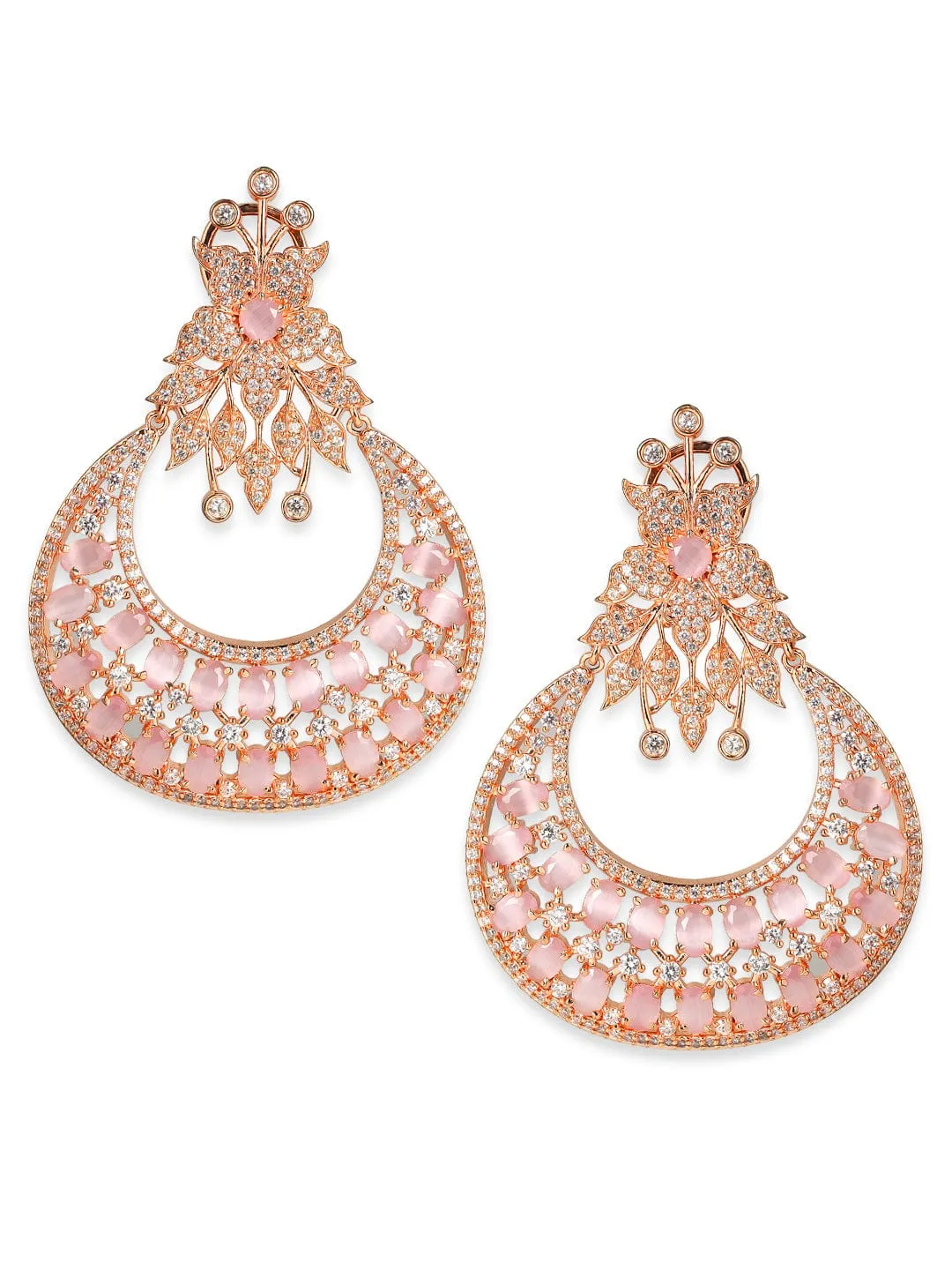 Rubans Zircon Studded Handcrafted Rose Gold Plated Floral Statement Chandbali Earrings