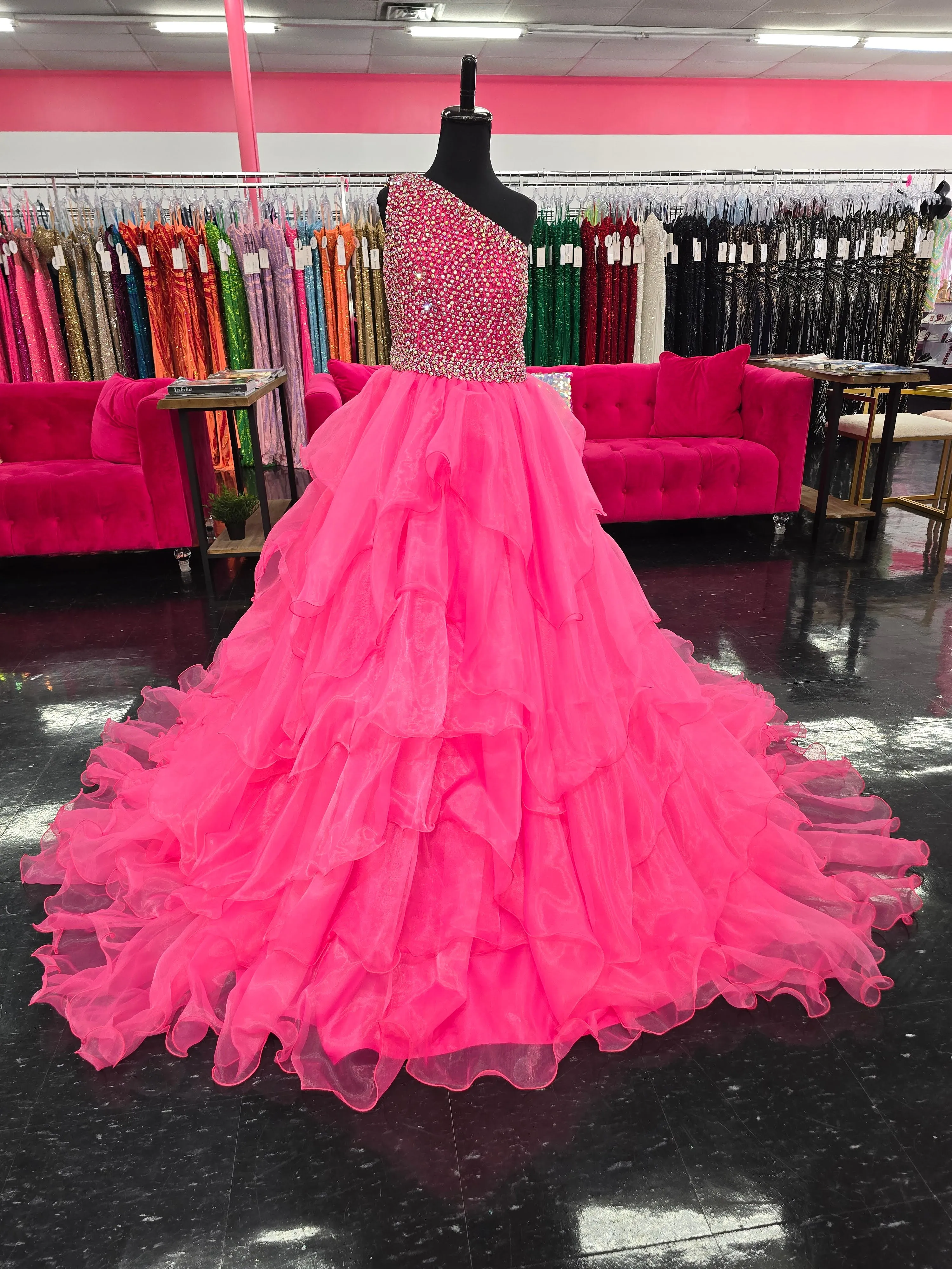 Samantha Blake 1025 Girls Long Pageant Dress Ruffle Layers One Shoulder Formal Gown