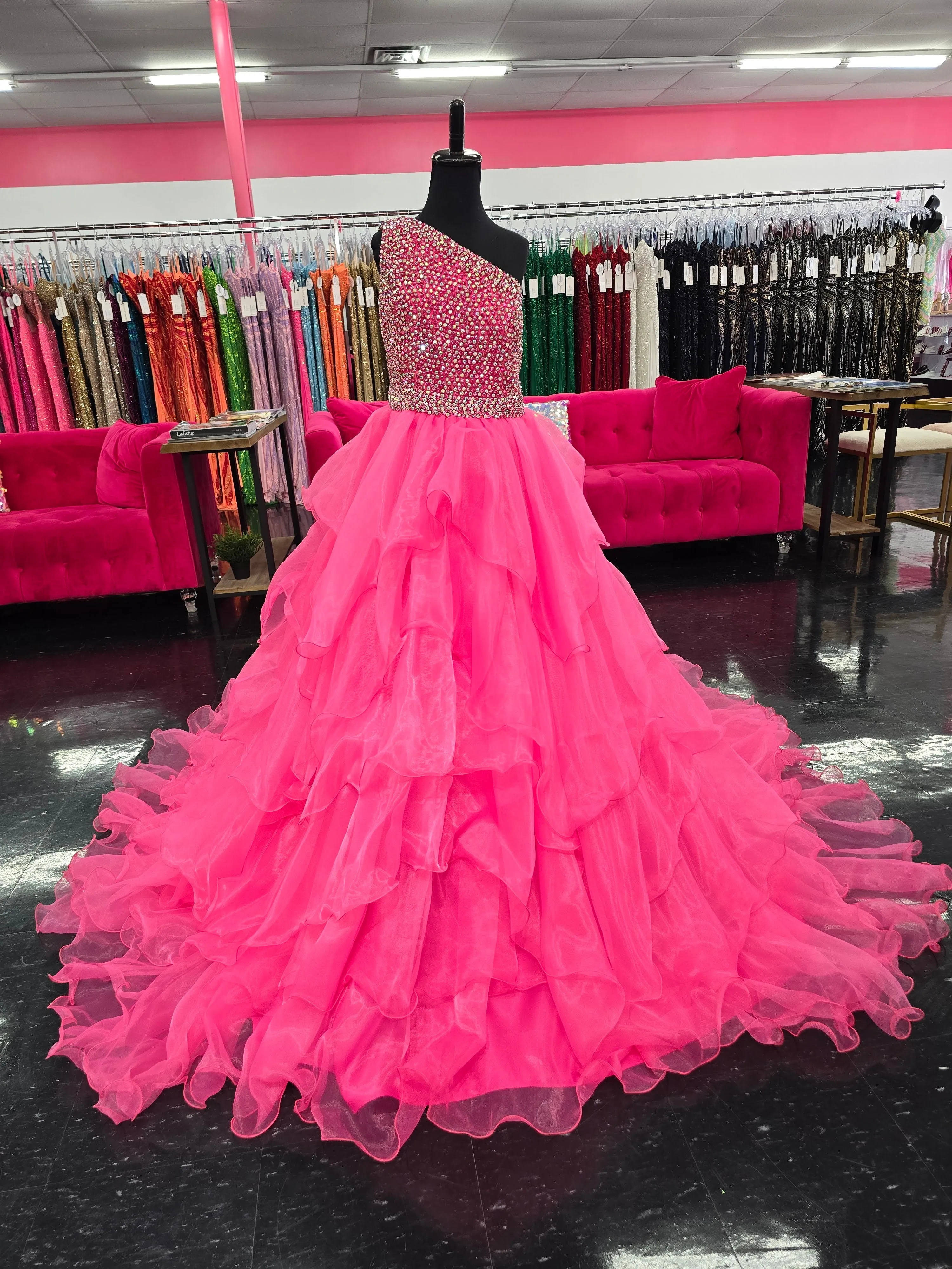 Samantha Blake 1025 Girls Long Pageant Dress Ruffle Layers One Shoulder Formal Gown