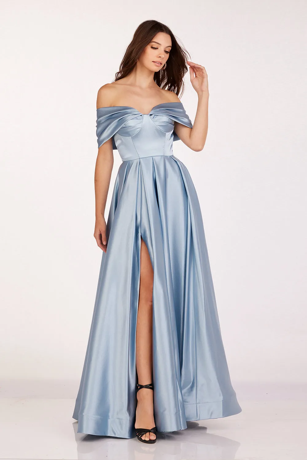 Satin Off Shoulder Slit Gown by Abby Paris 90222