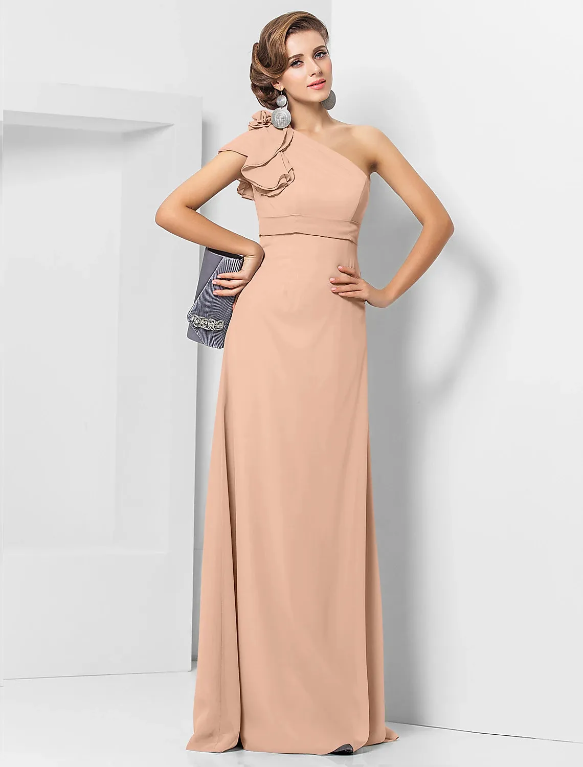 Sheath / Column Elegant Dress Wedding Guest Formal Evening Floor Length Sleeveless One Shoulder Bridesmaid Dress Chiffon with Sash / Ribbon Appliques